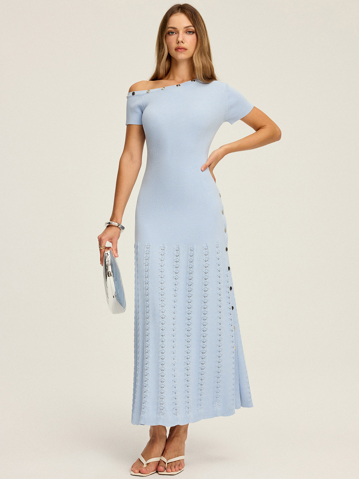 Louise light blue off-shoulder ribbed knit maxi dress, front view