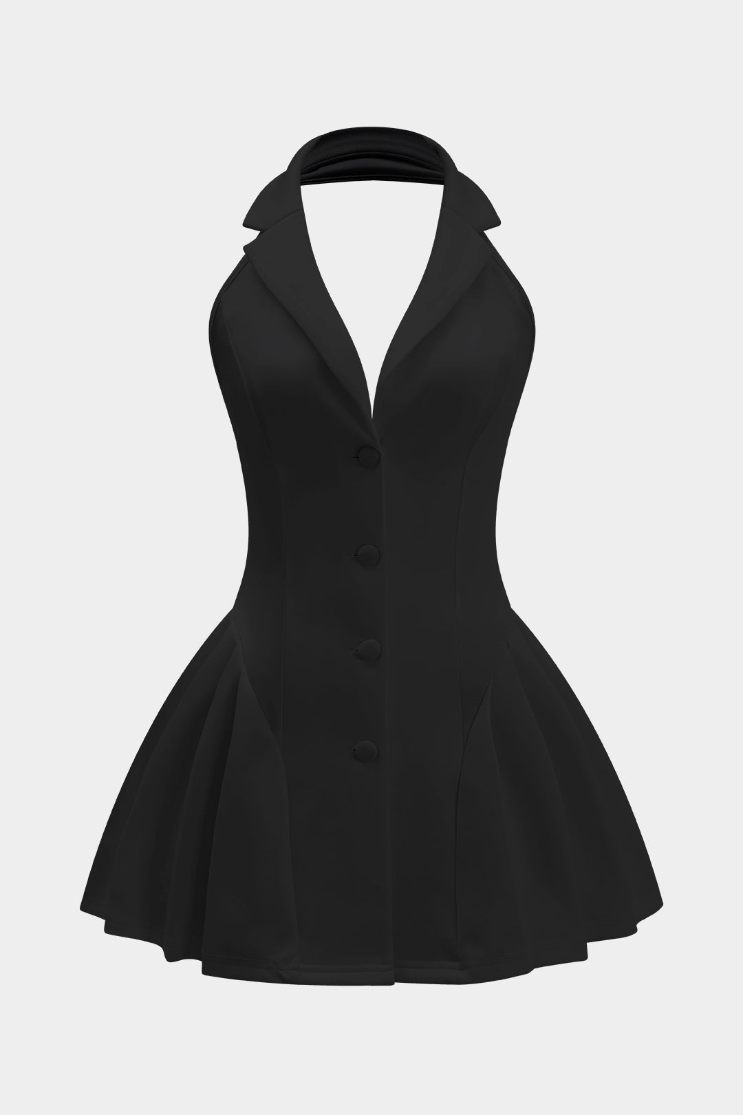 Elvire black halter neck pleated mini dress, laid flat, front