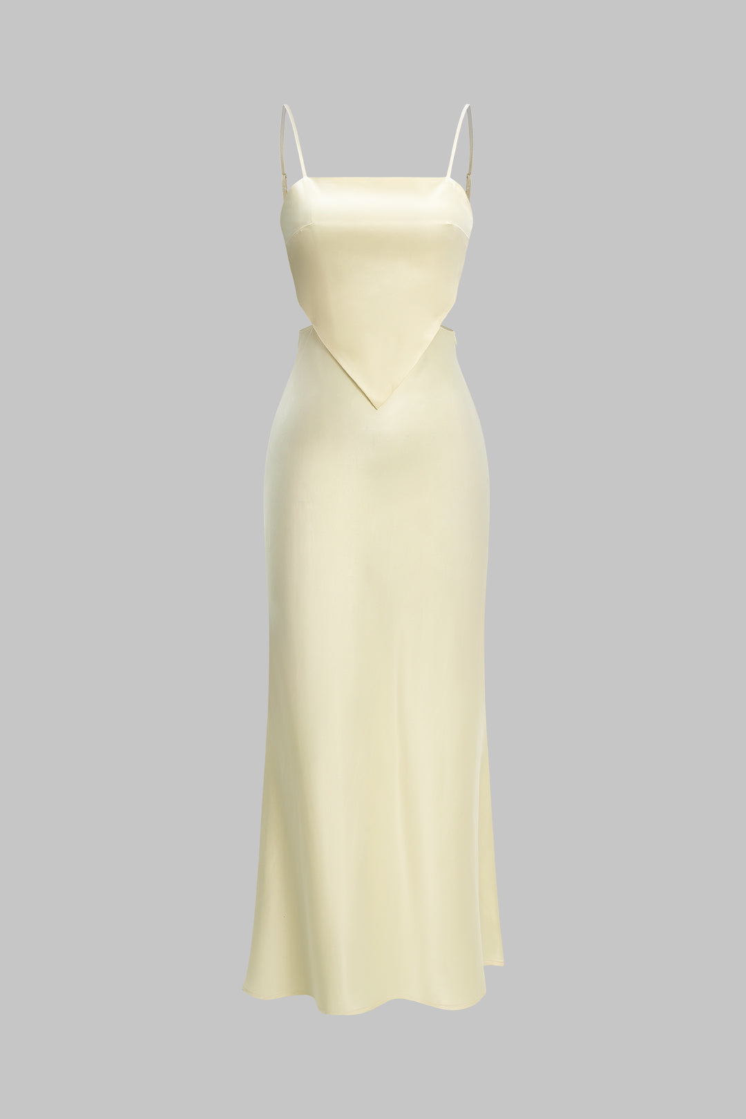 Melanie champagne midi dress, full-length front view laid on a form