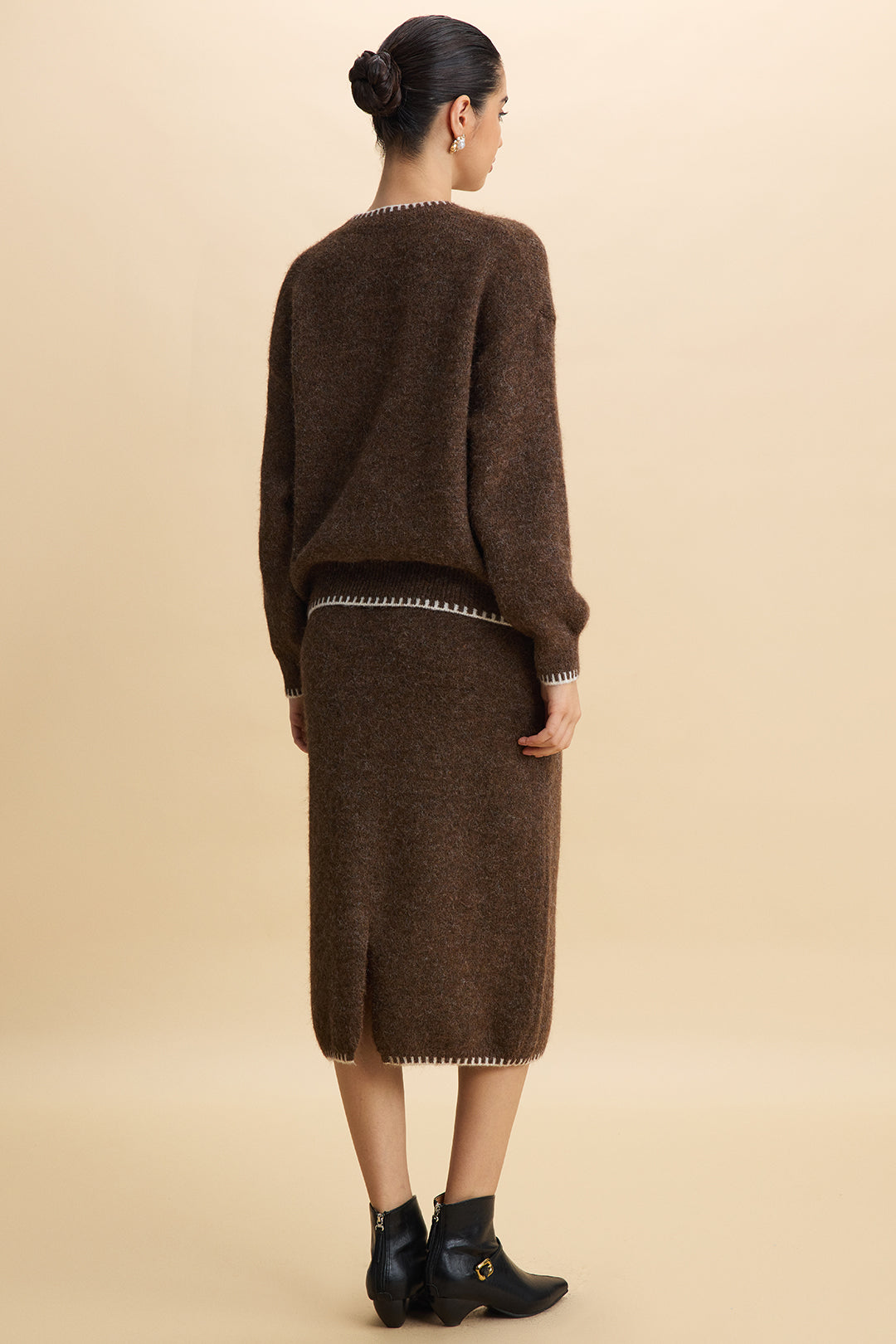 Agnes brown sweater and midi skirt set, back view