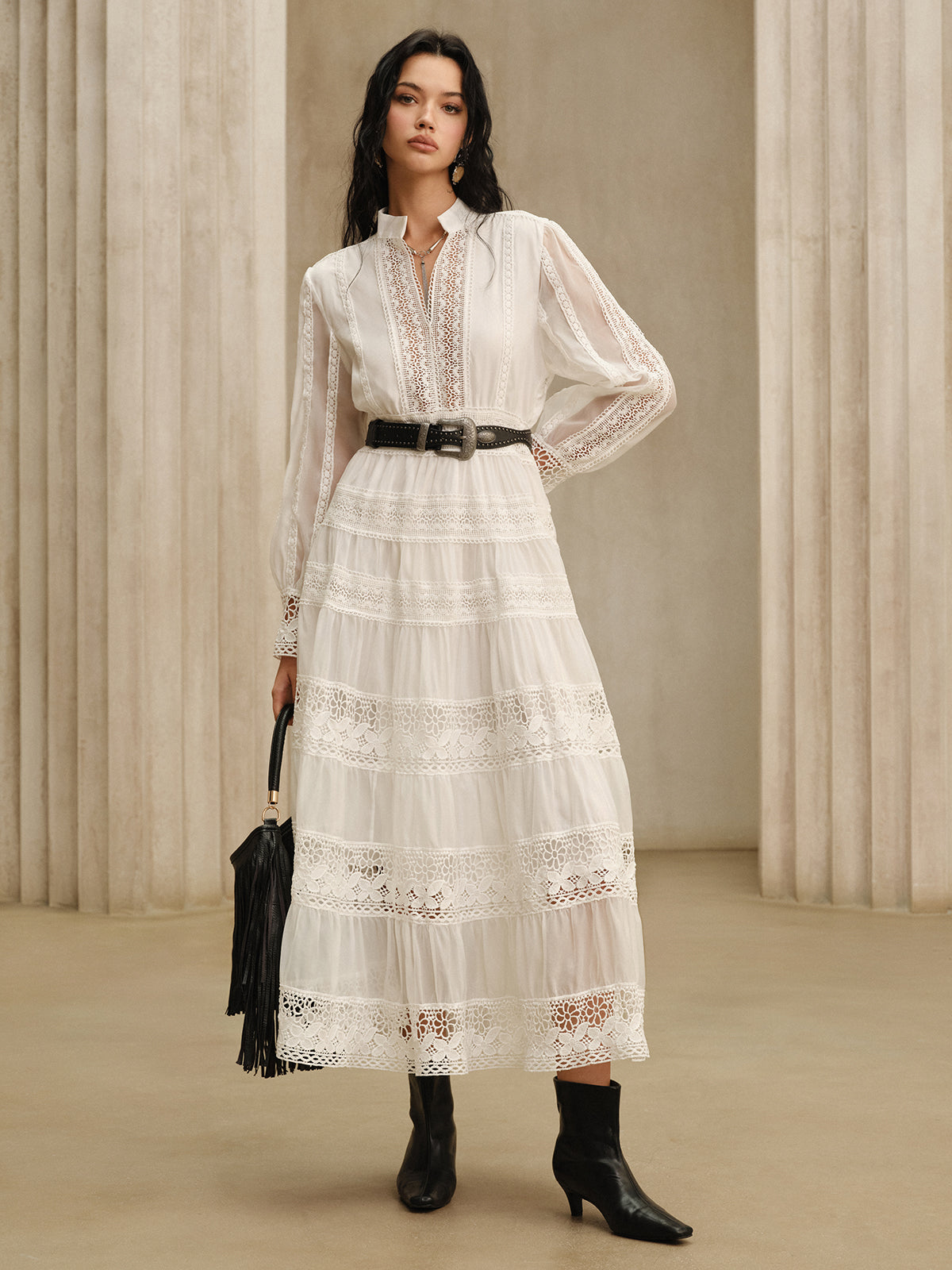 Albertine white long-sleeve lace maxi dress, front view