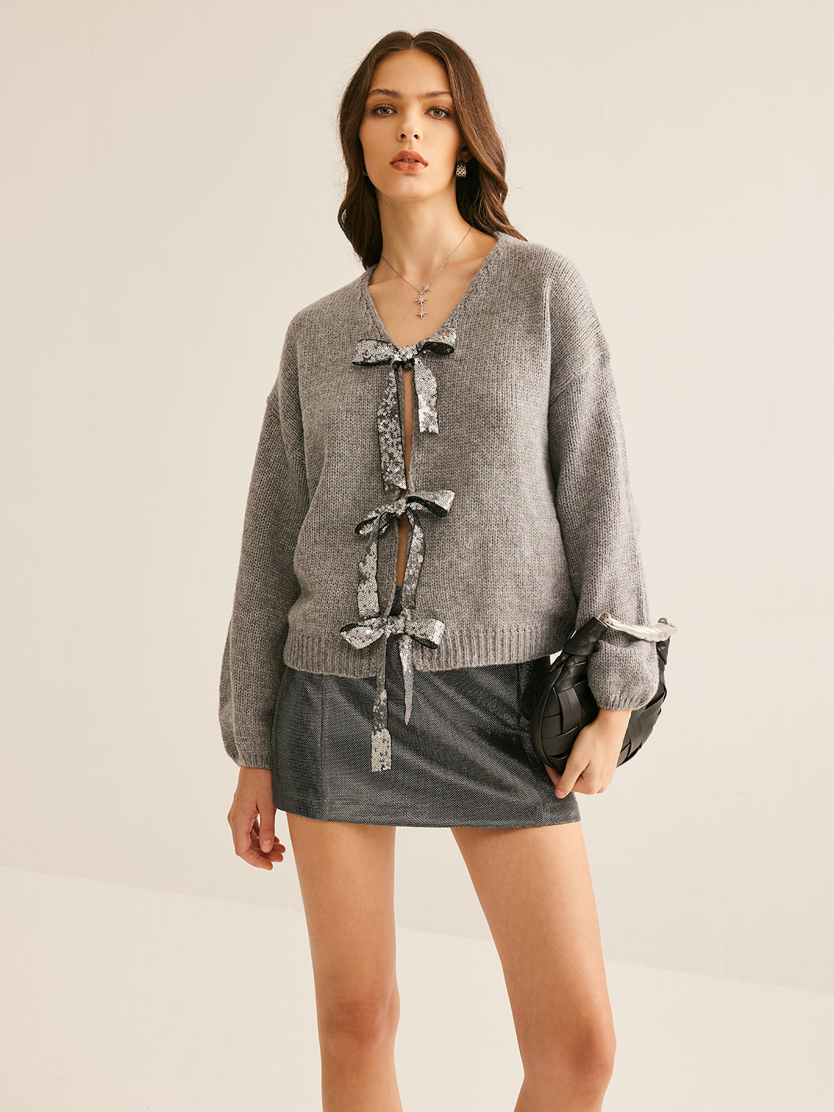 Ambre gray bow-front oversized cardigan, front view