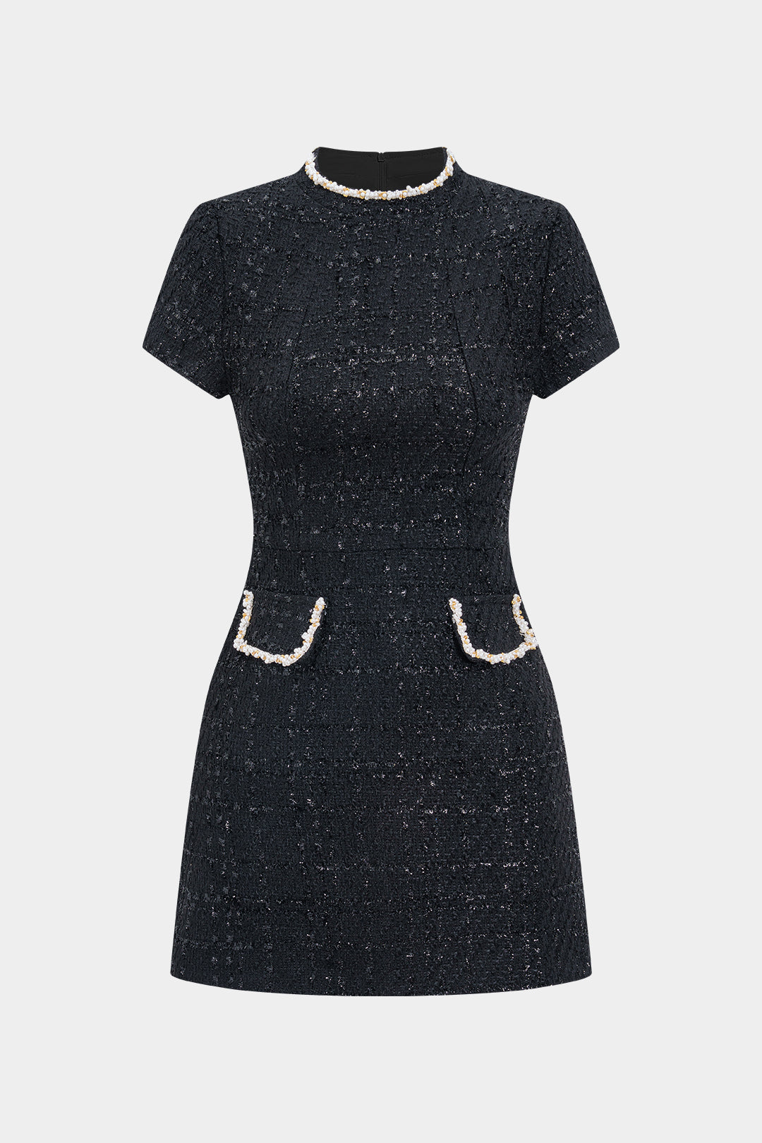 Apolline pocket mini dress neckline trim close-up