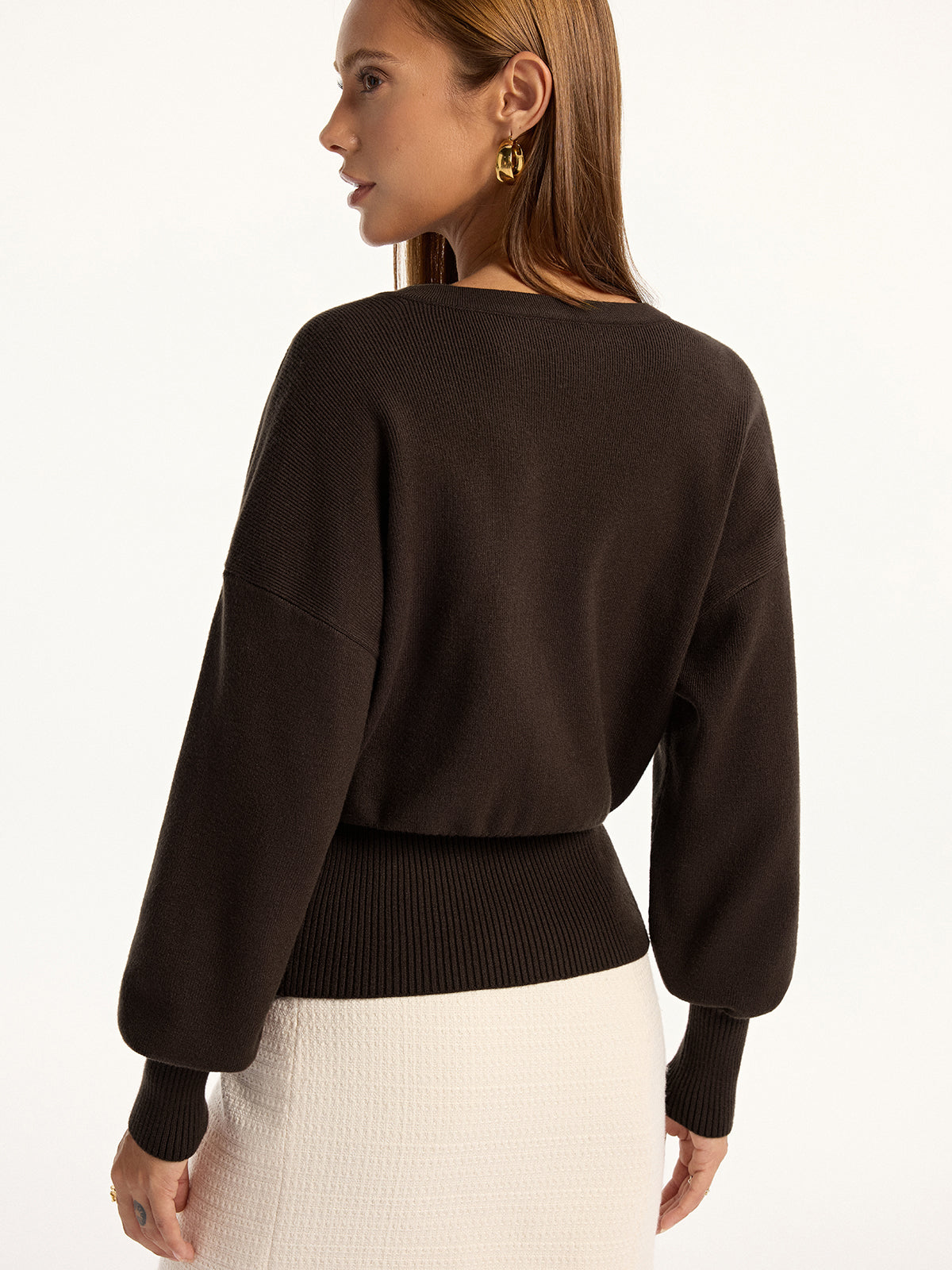 Ariane brown V-neck blouson-sleeve cardigan, back view