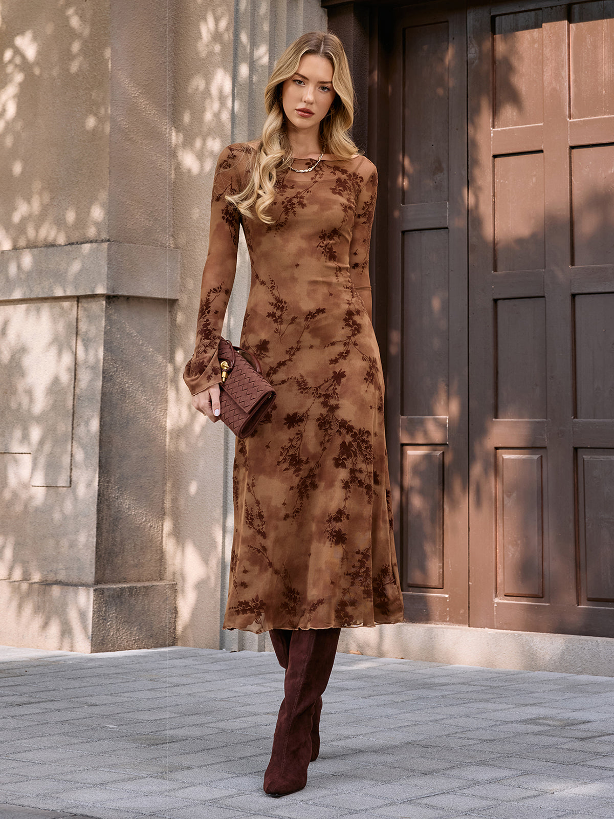 Arlette brown floral mesh midi dress, full-length front view