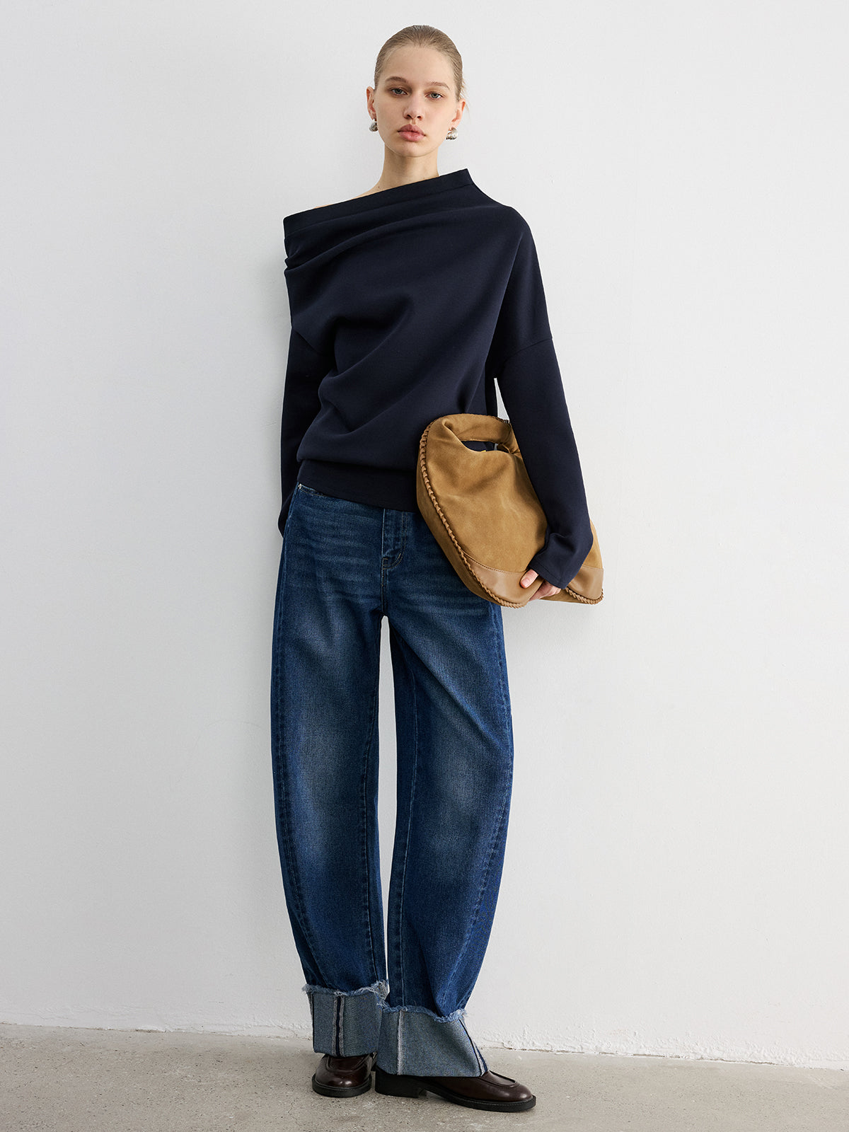 Augustine navy asymmetric off-shoulder sweatshirt, full-length front view