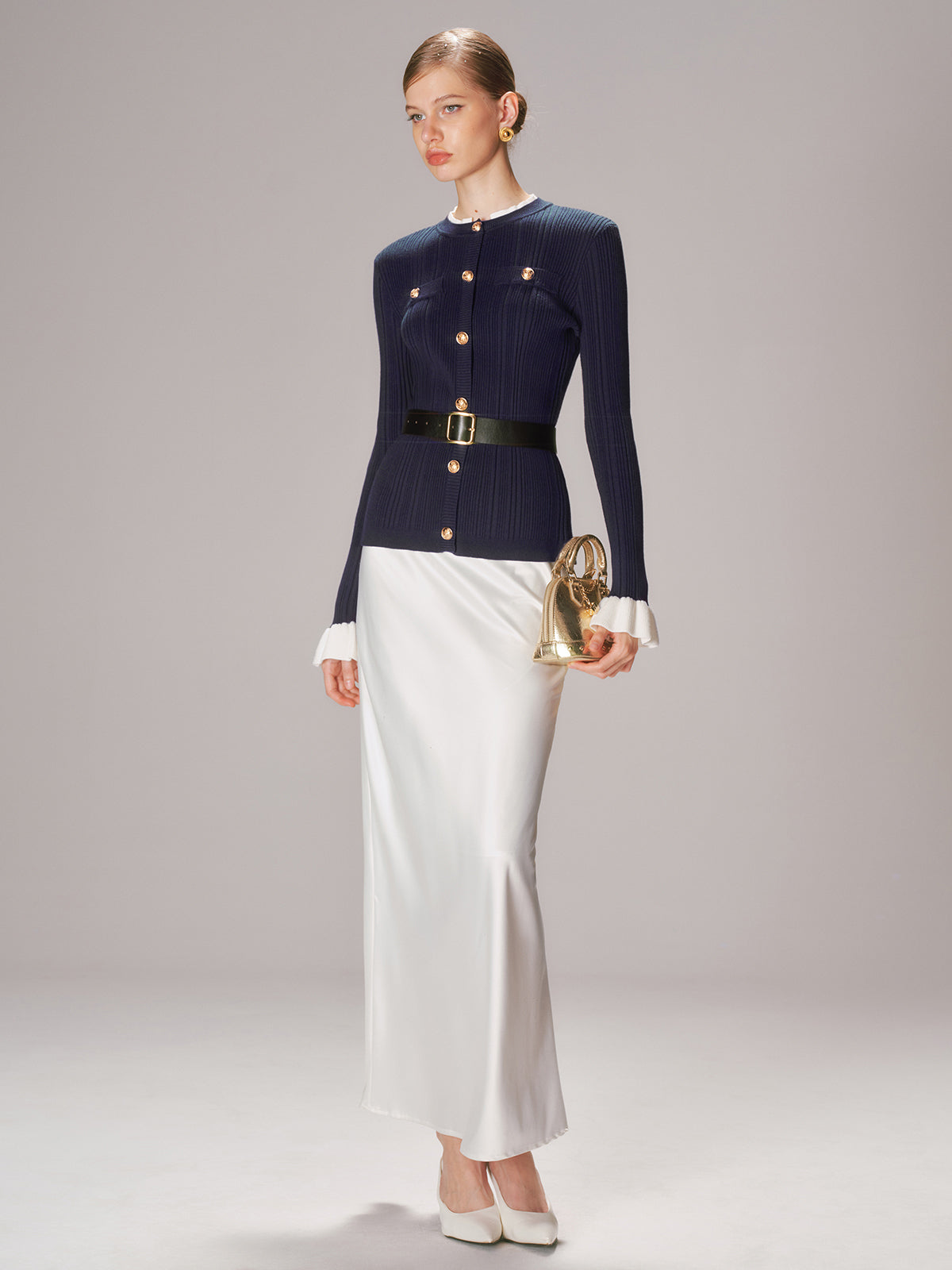 Beatrice navy ribbed button-front knit cardigan, full-length front view