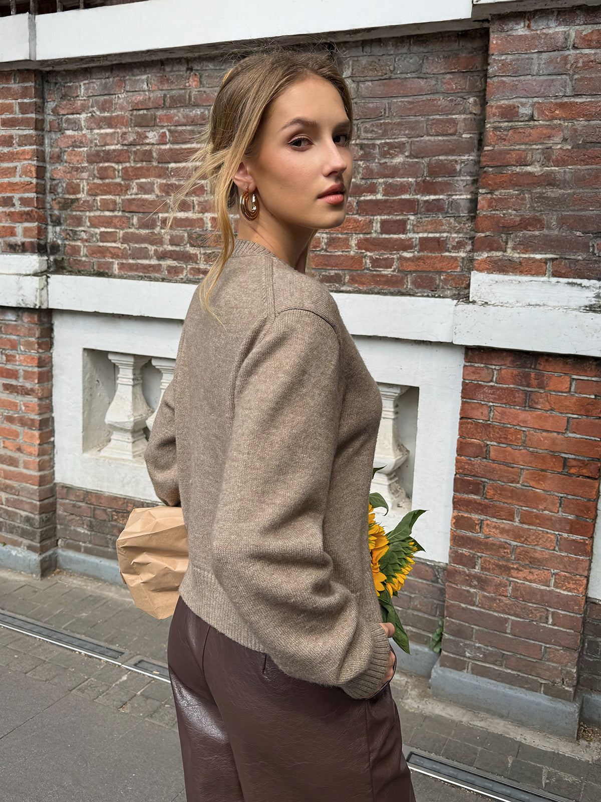 Berenice khaki wool cardigan styled on model