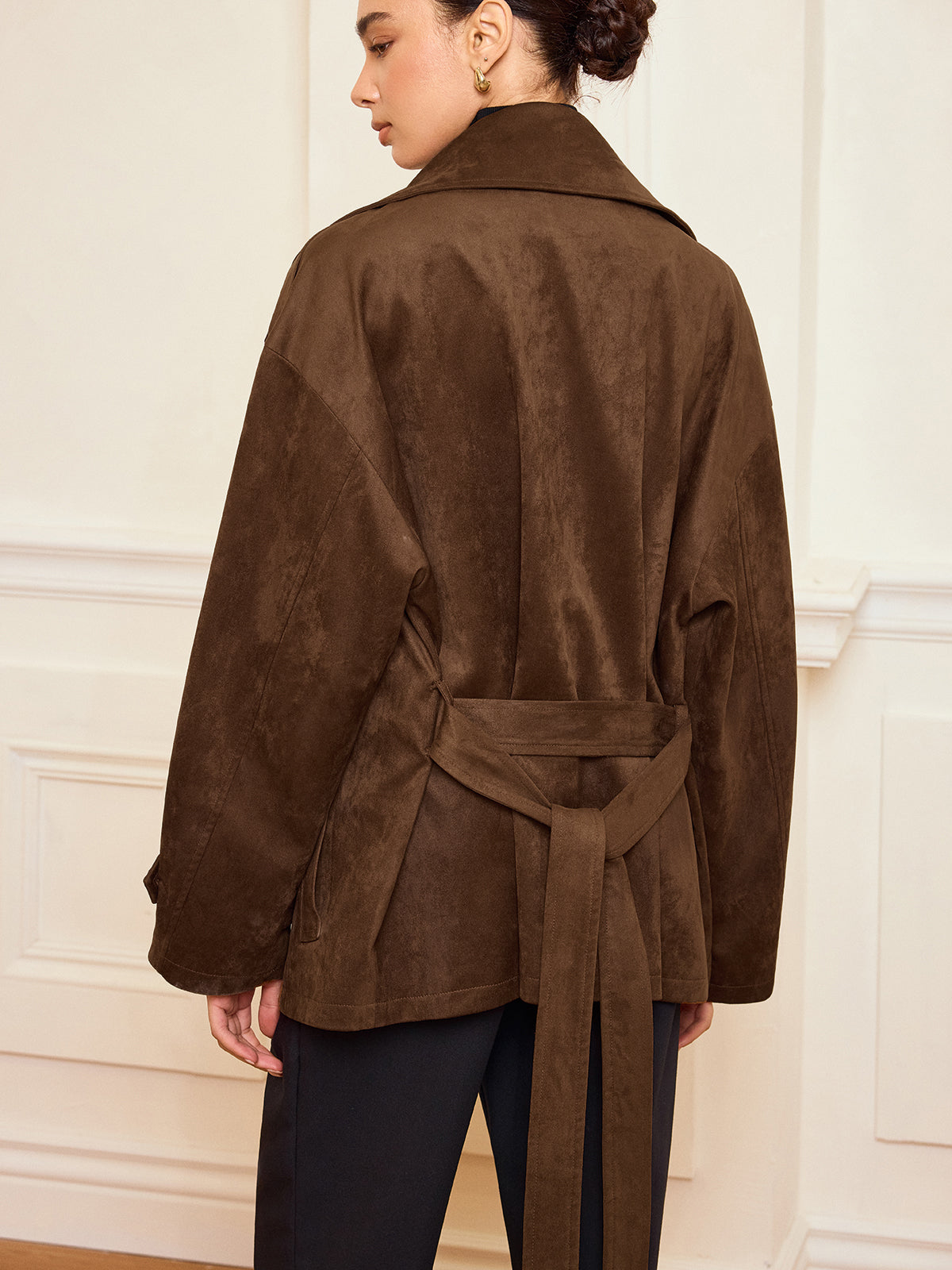Bernadette brown belted short coat, back view