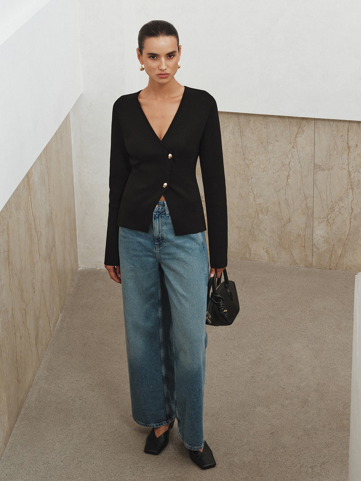 Bertille black crossover cardigan, full-length front view
