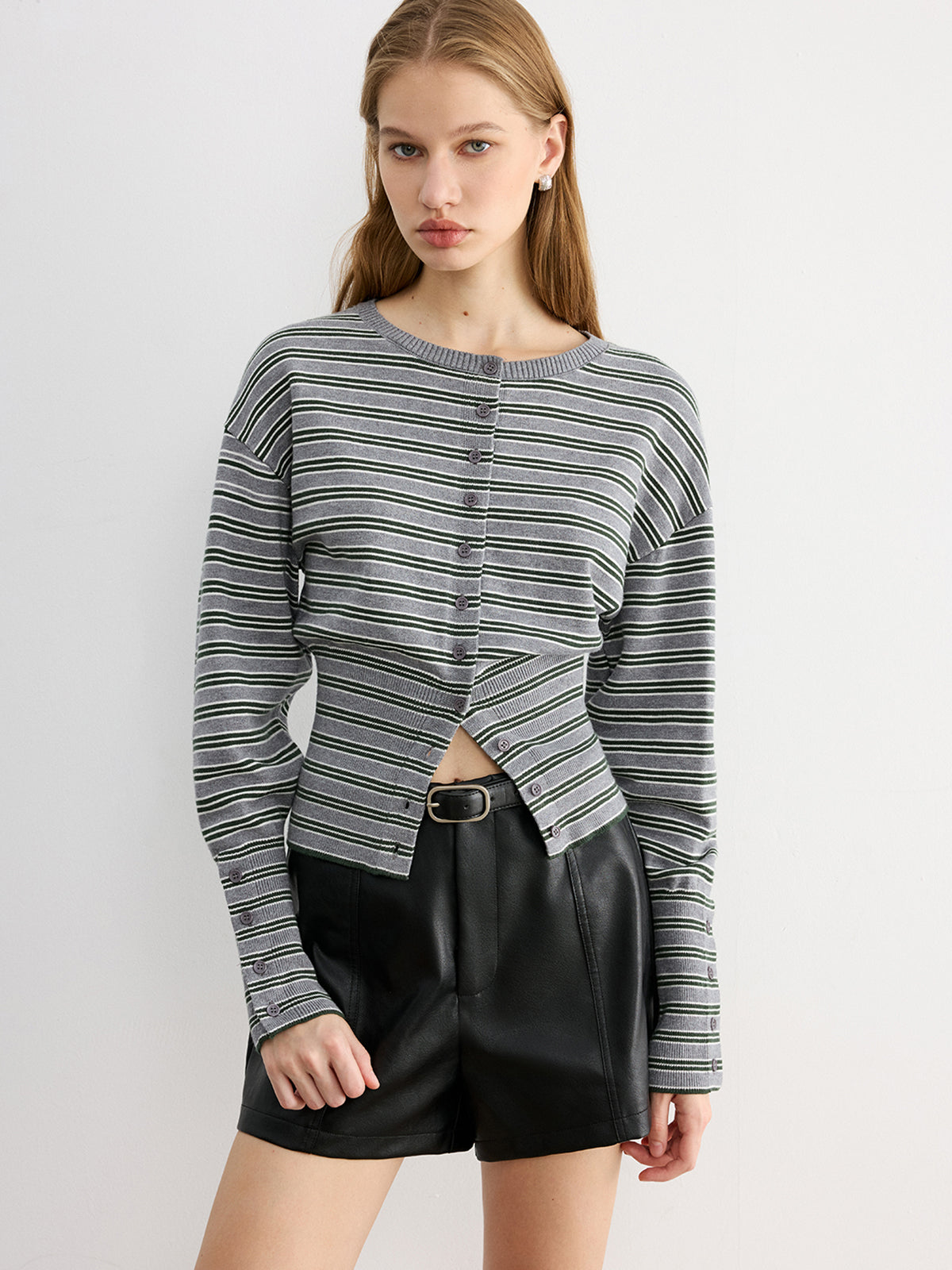 Blandine gray and green striped cardigan, three-quarter view