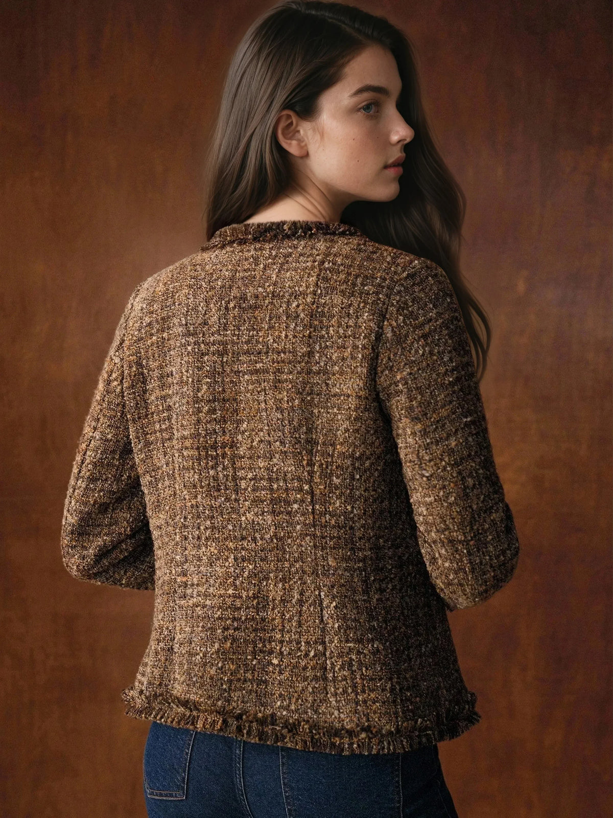 Camille brown tweed jacket, back view
