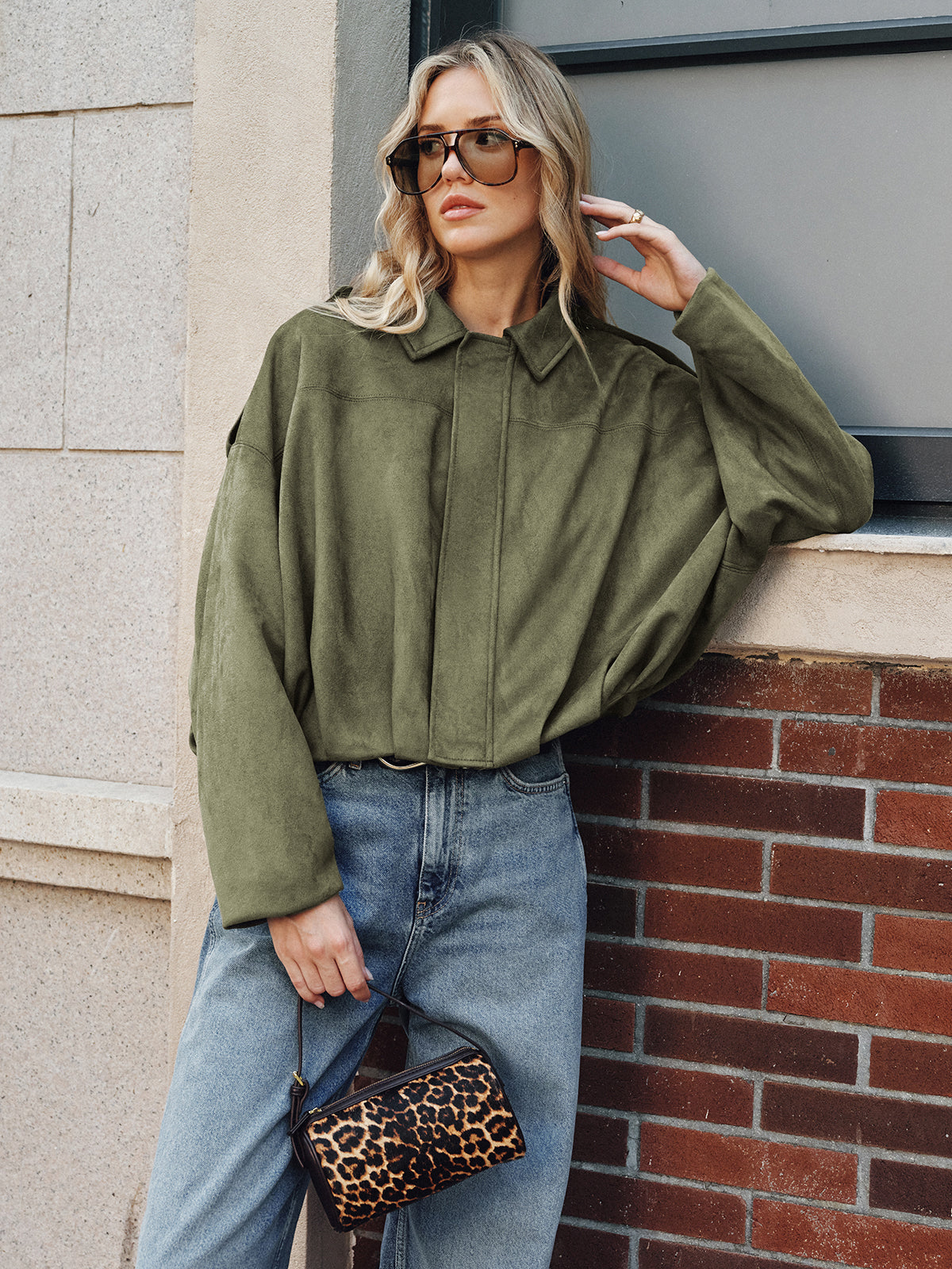 Charline green oversized wide-sleeve jacket worn zipped, upper-body front view