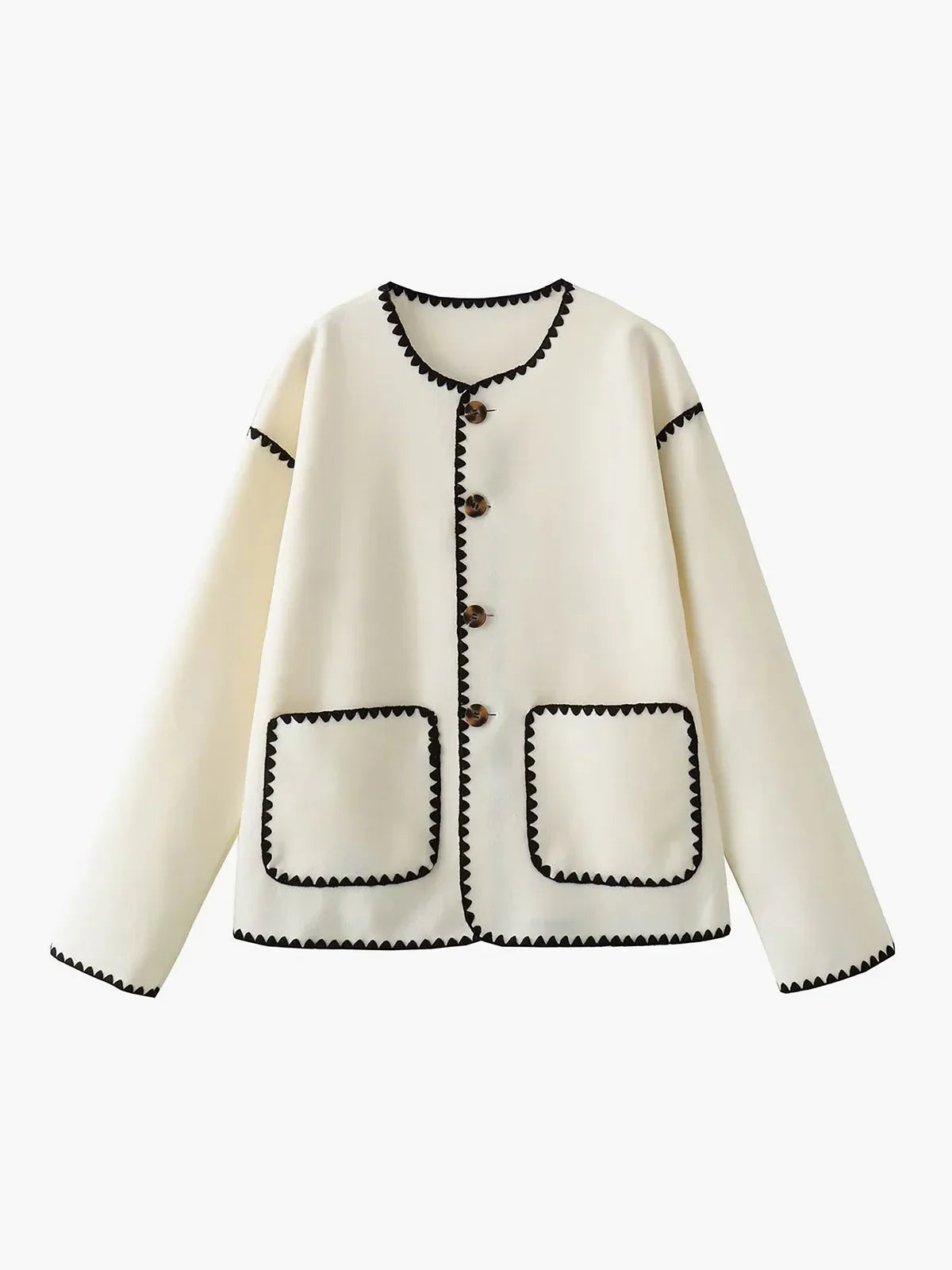 Clotilde cream jacket with black blanket stitch and two patch pockets, front view
