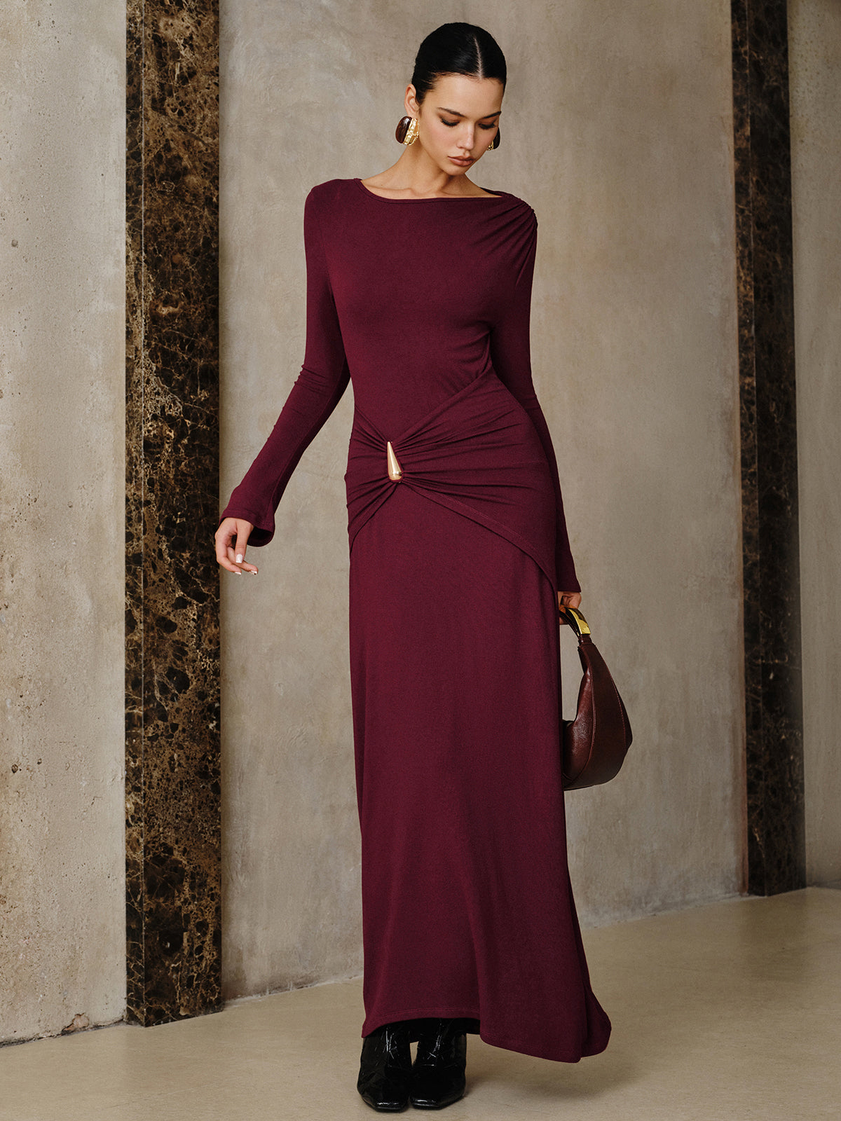 Daphne burgundy boat neck ruched maxi dress, side view