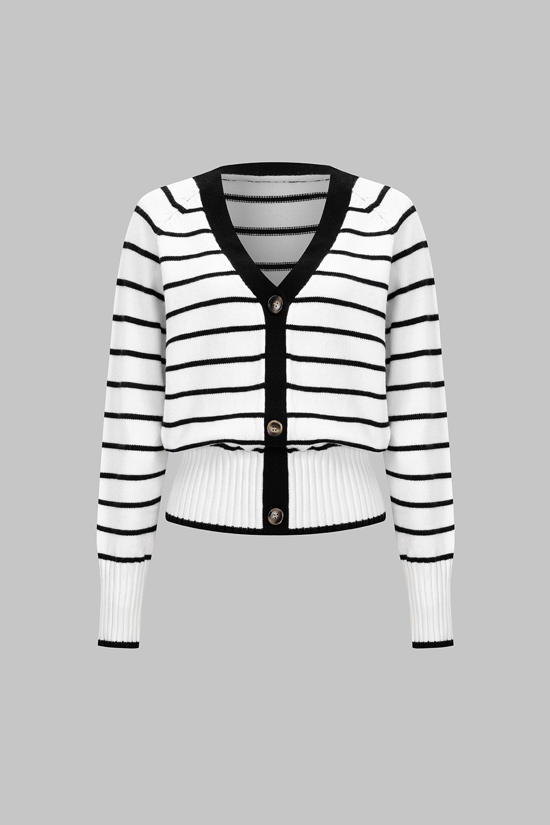 Denise white and black Breton stripe cardigan laid flat, front