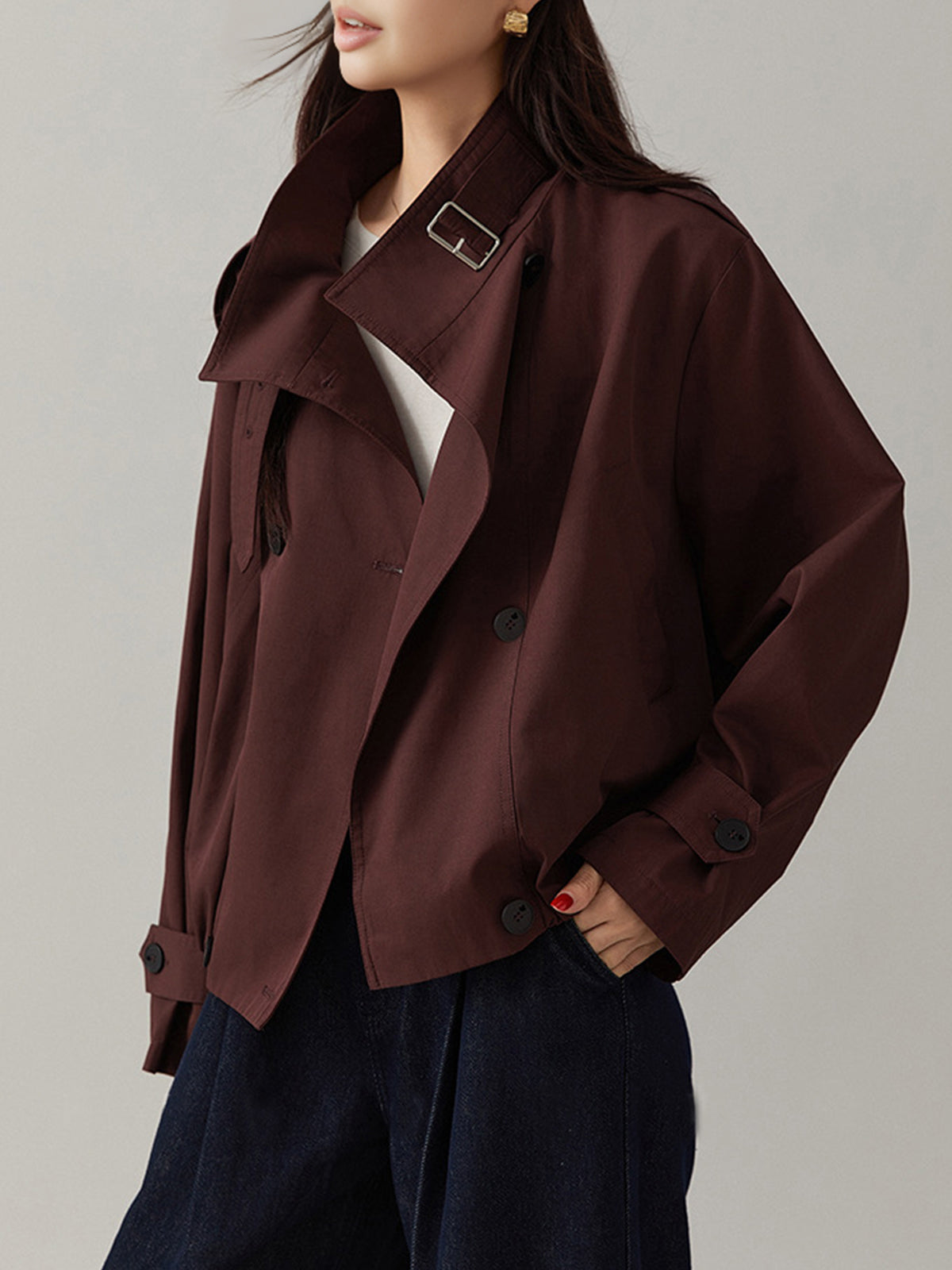 Edmee Maroon buckle collar jacket, side view