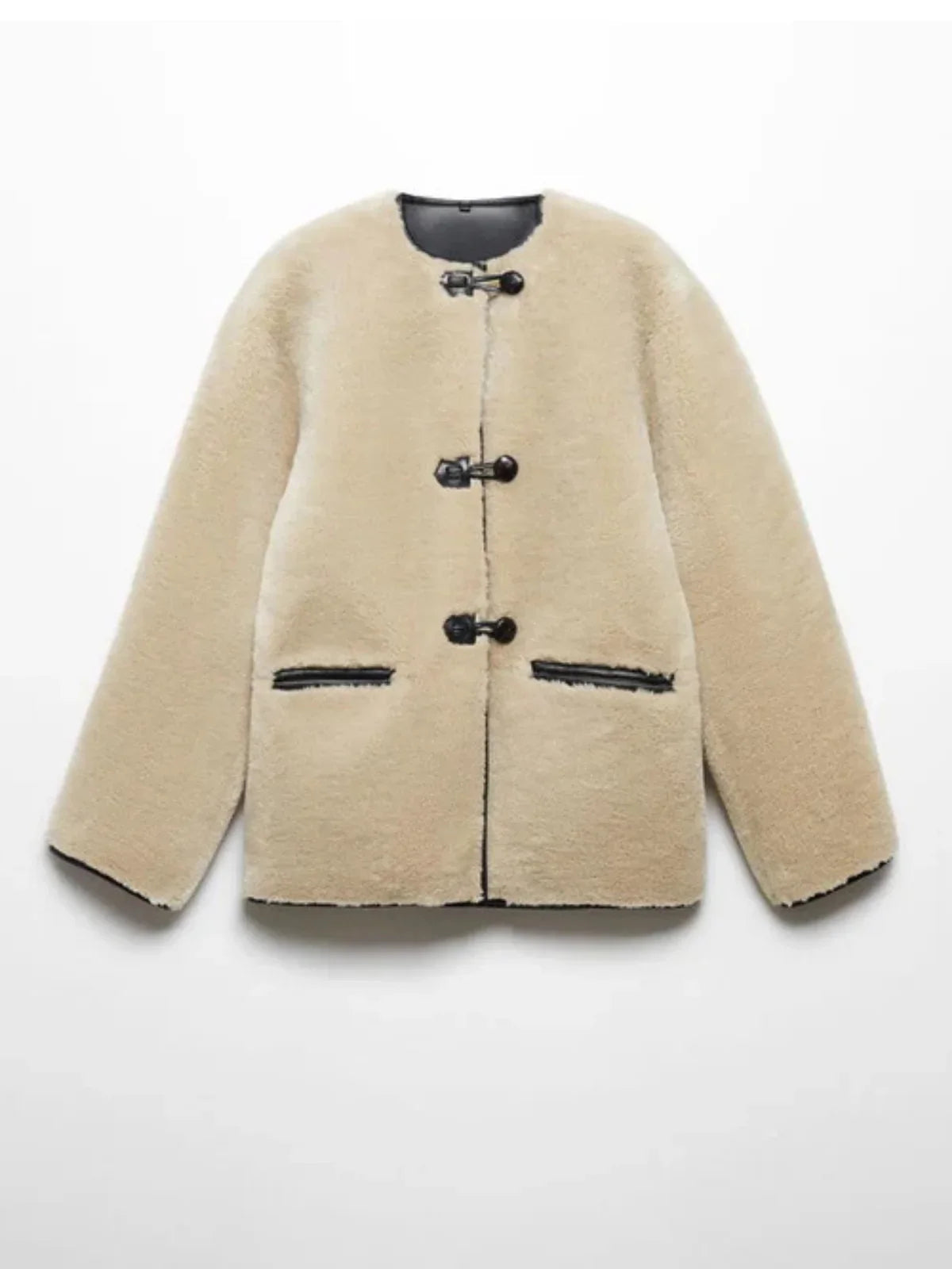 Elodie cream A-line coat shown flat, front view