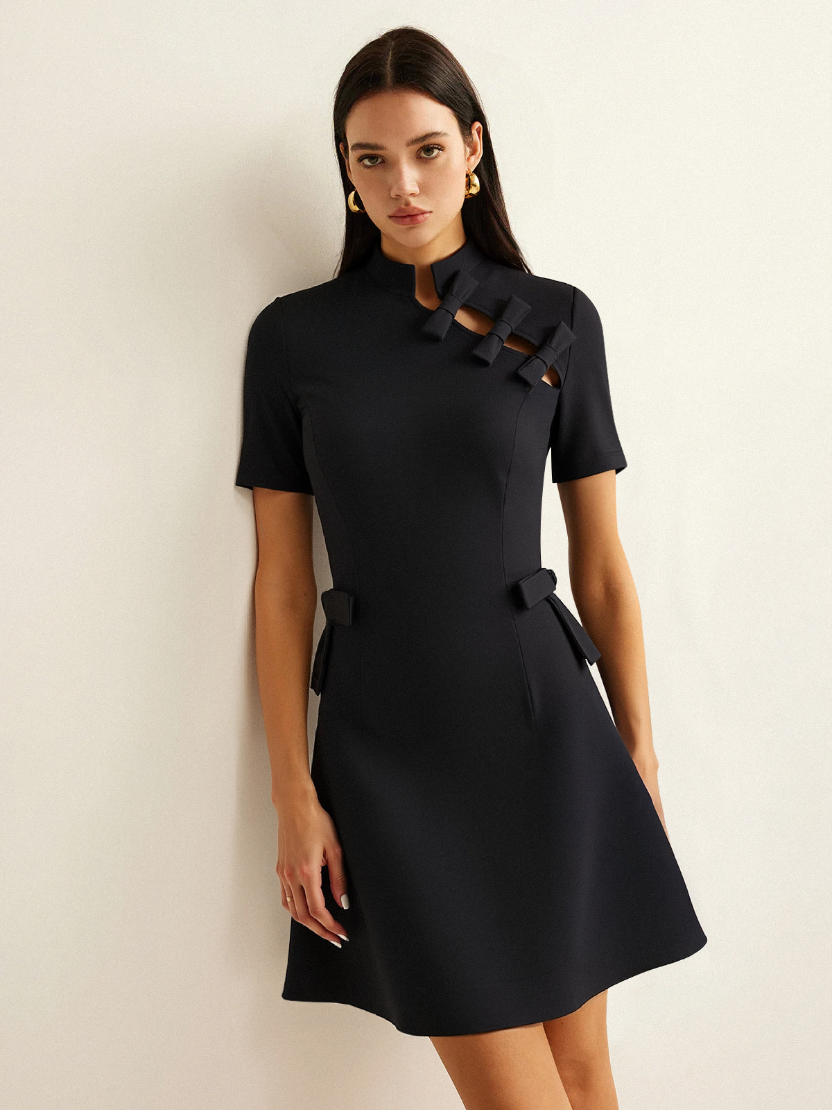Elodie black short-sleeve bow dress, front view