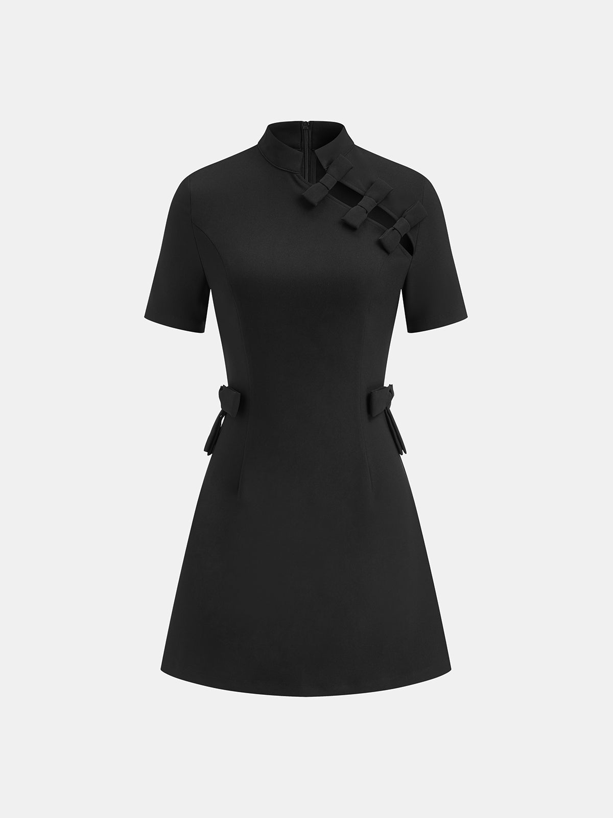 Elodie black short-sleeve bow dress laid flat, front