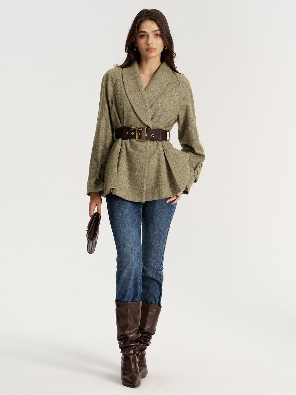 Emilienne green belted wool-blend jacket, full-length front view styled with jeans and boots