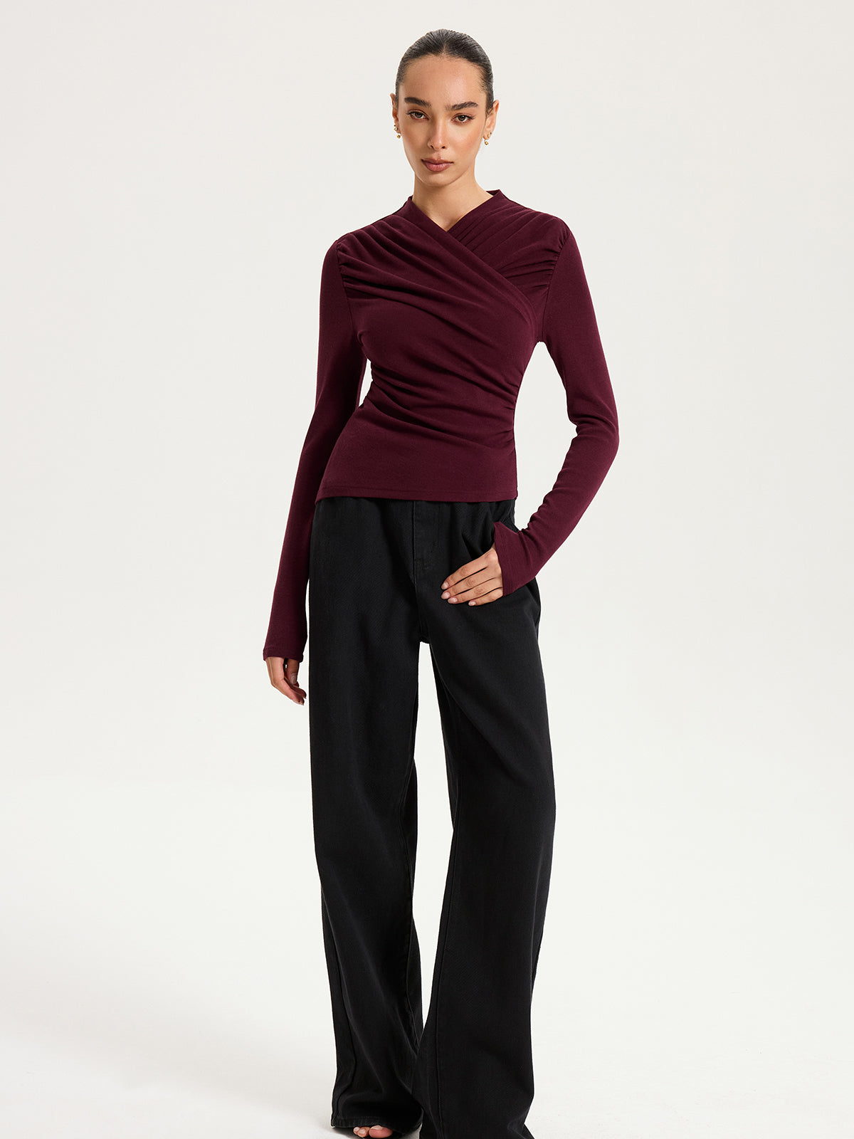 Emmanuelle burgundy draped crossover ruched knit top, full-length view