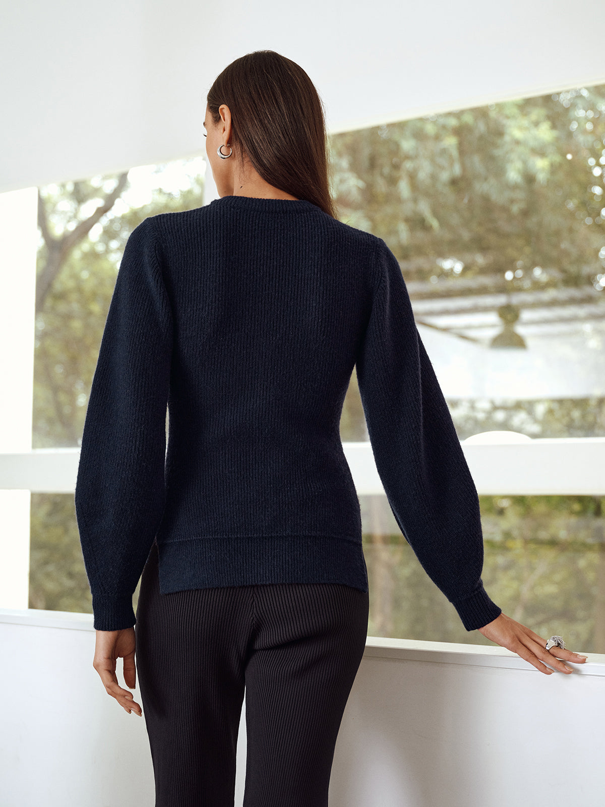 Ernestine navy button cardigan, back view
