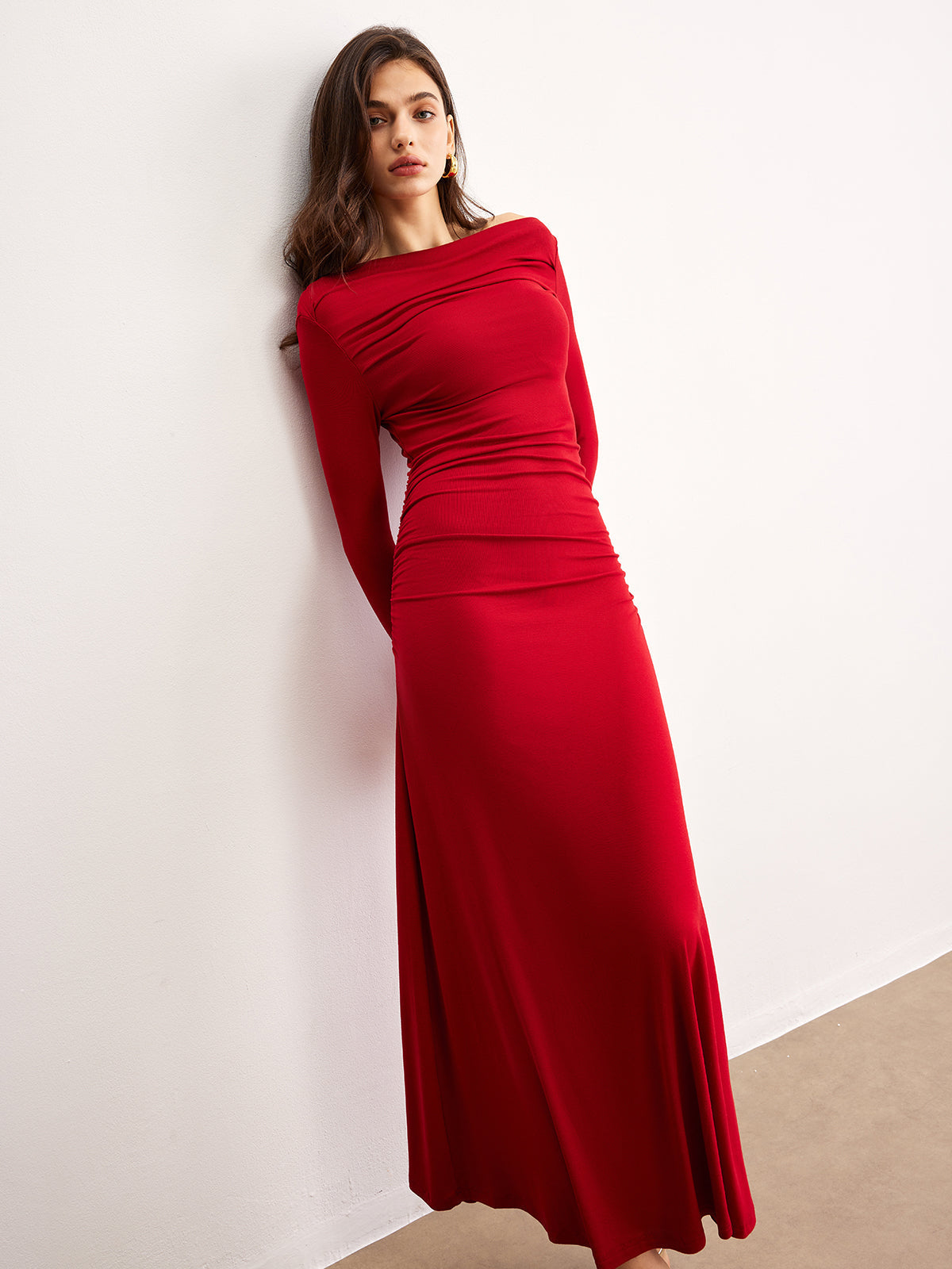 Fabienne red off-the-shoulder maxi dress, side view