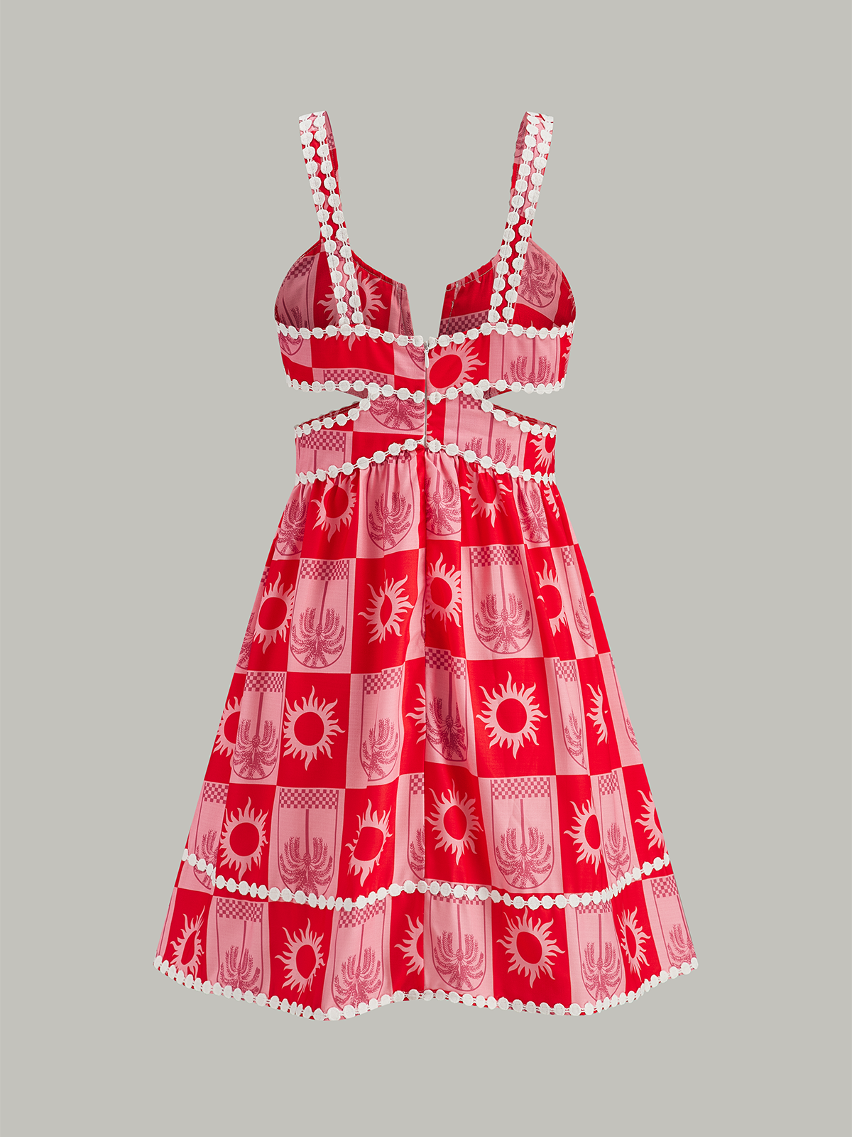 Faustine red and pink sun print mini dress, laid flat, front