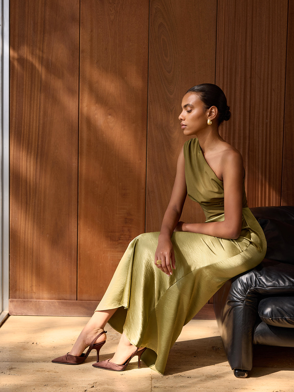 Fleur green satin one-shoulder ruched maxi dress, front view