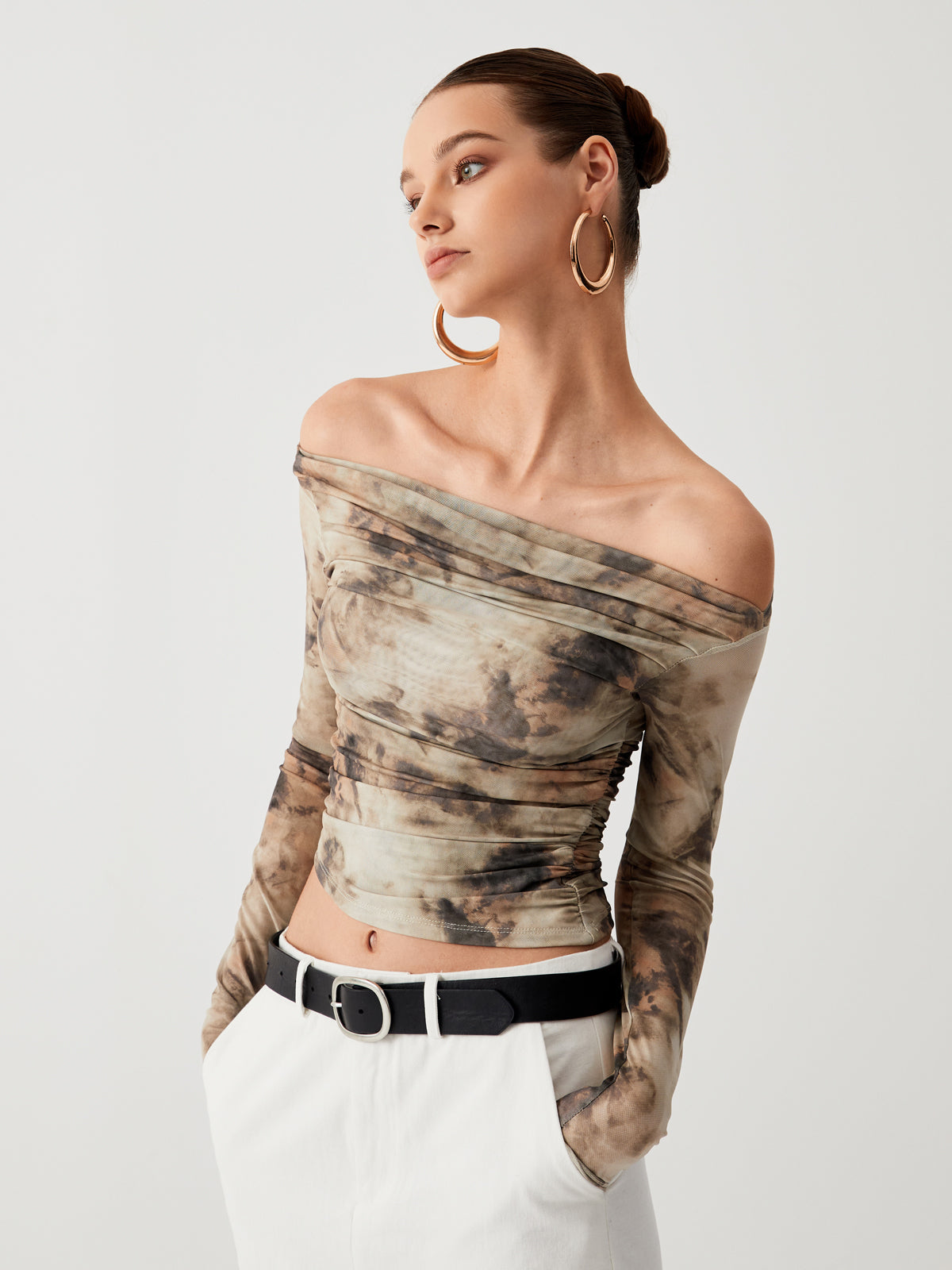 Florence khaki sheer tulle off-shoulder top, front view