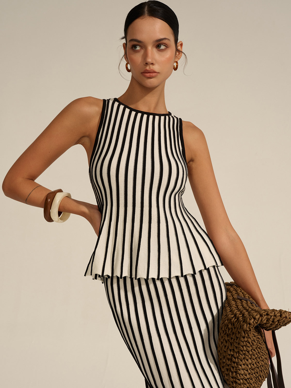 Gaelle black and cream striped knit top and maxi skirt set, three-quarter view