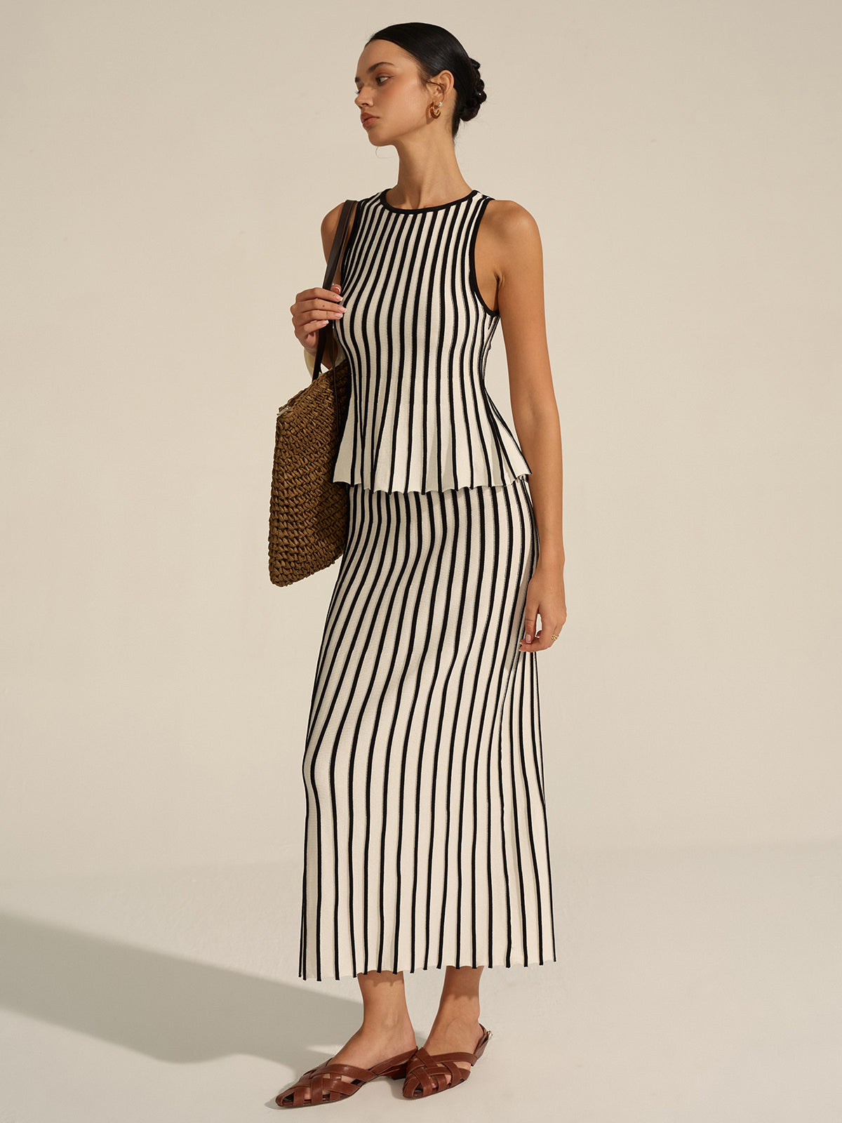 Gaelle black and cream striped knit top and maxi skirt set, full-length three-quarter view