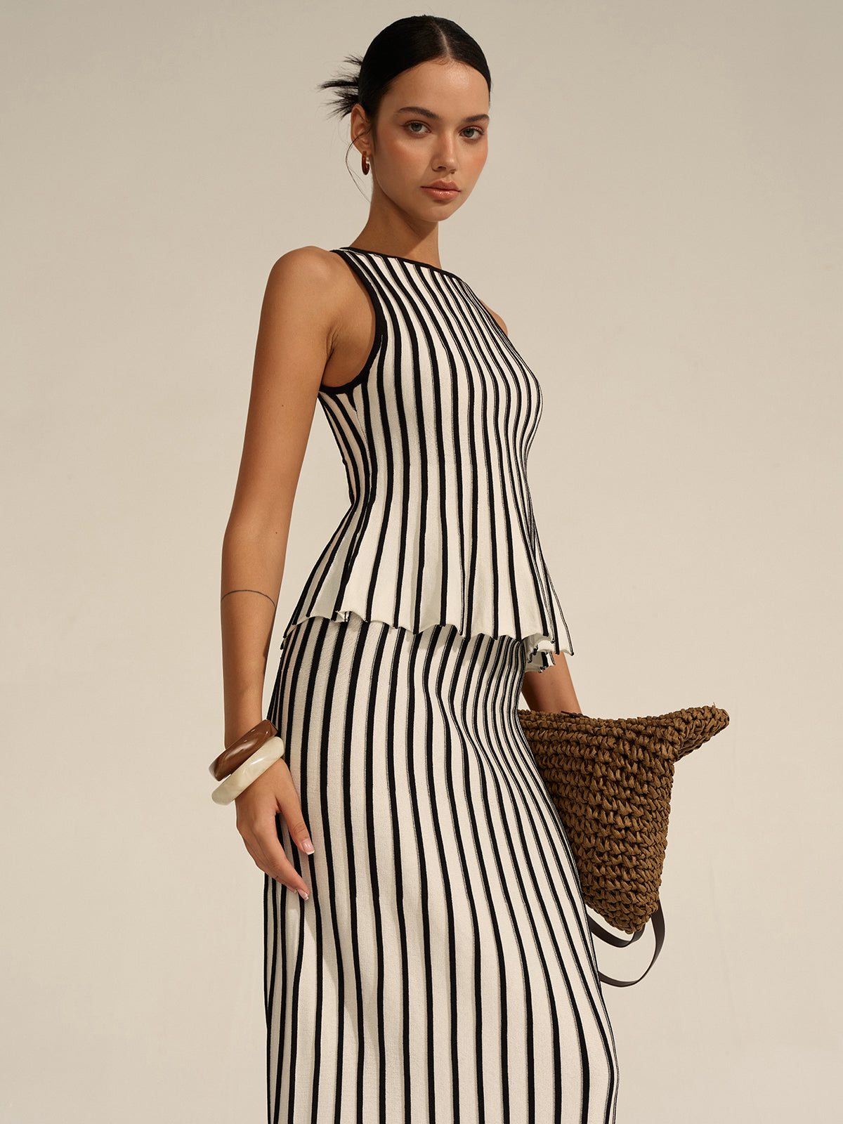 Gaelle black and cream striped knit top and maxi skirt set, side view