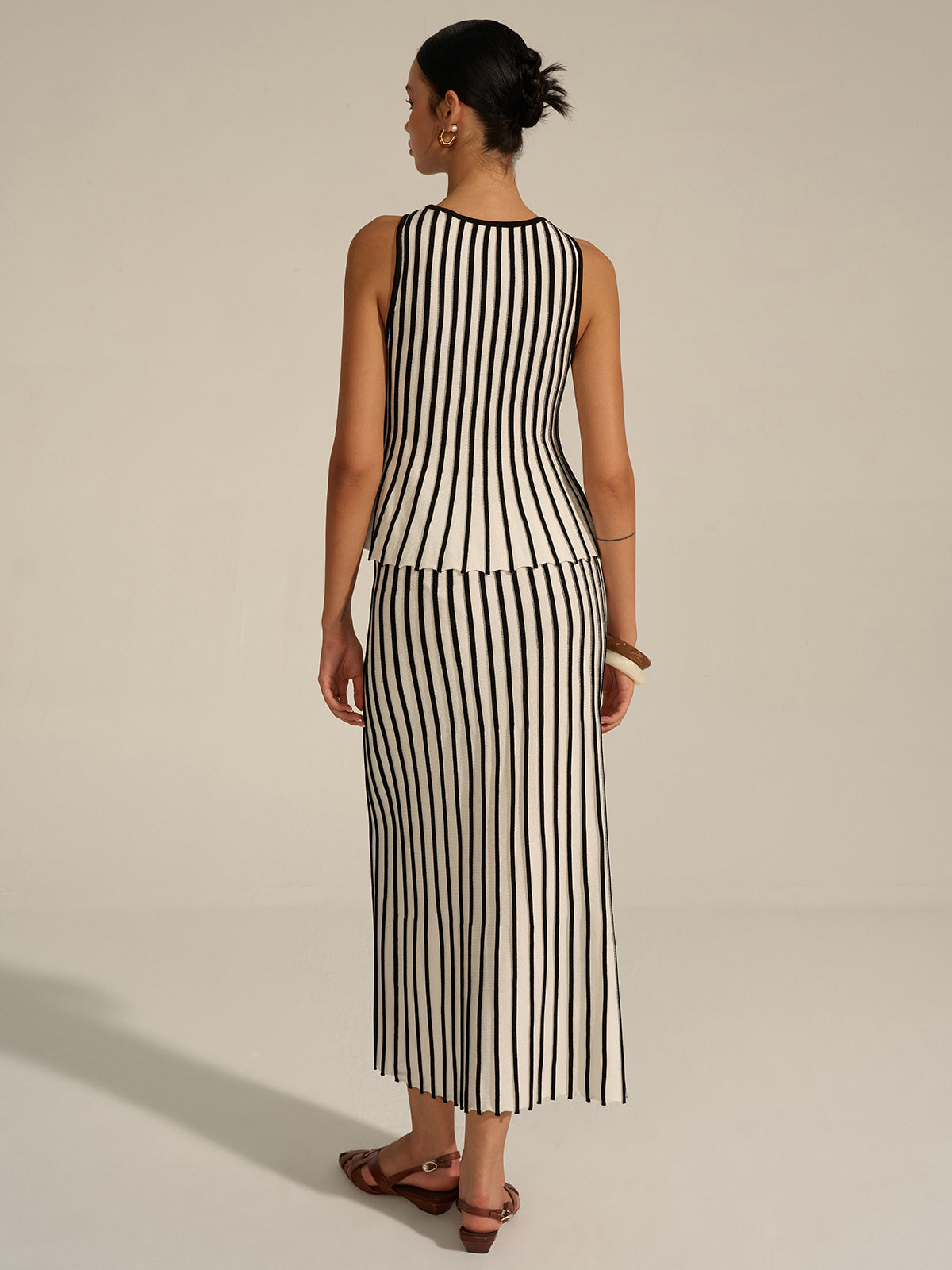 Gaelle black and cream striped knit top and maxi skirt set, back view