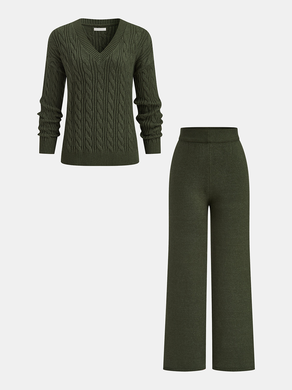 Garance olive cable knit two-piece set, sweater and wide-leg trousers laid flat