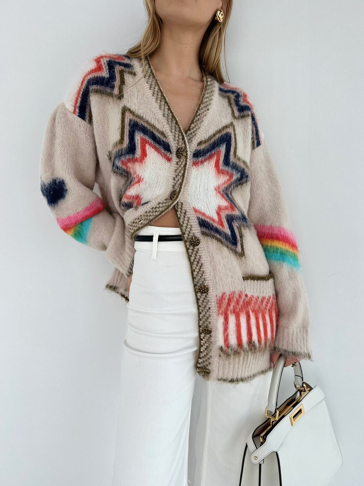Gersende cream mohair cardigan with a geometric star pattern, front view