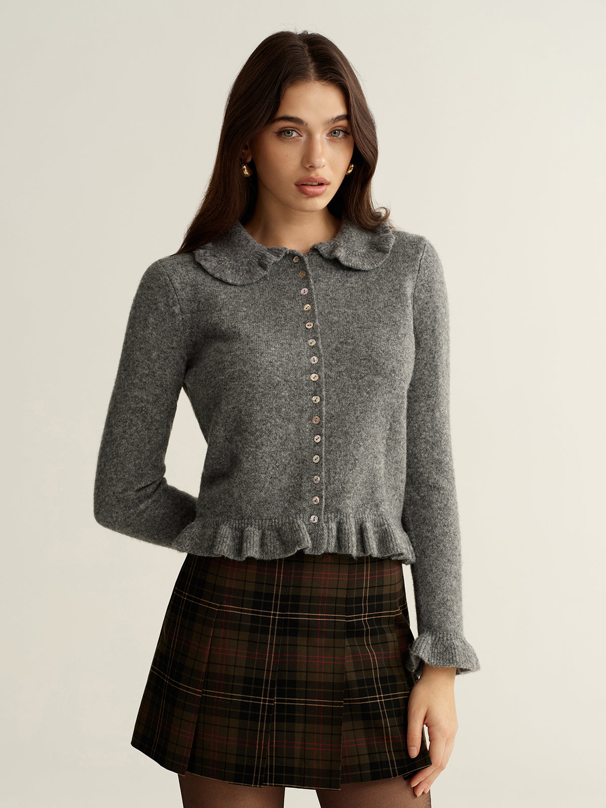 Ginette gray ruffle-collar button cardigan, front view