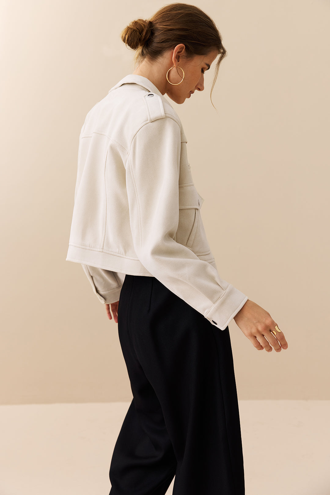 Giselle beige cropped utility jacket, side view