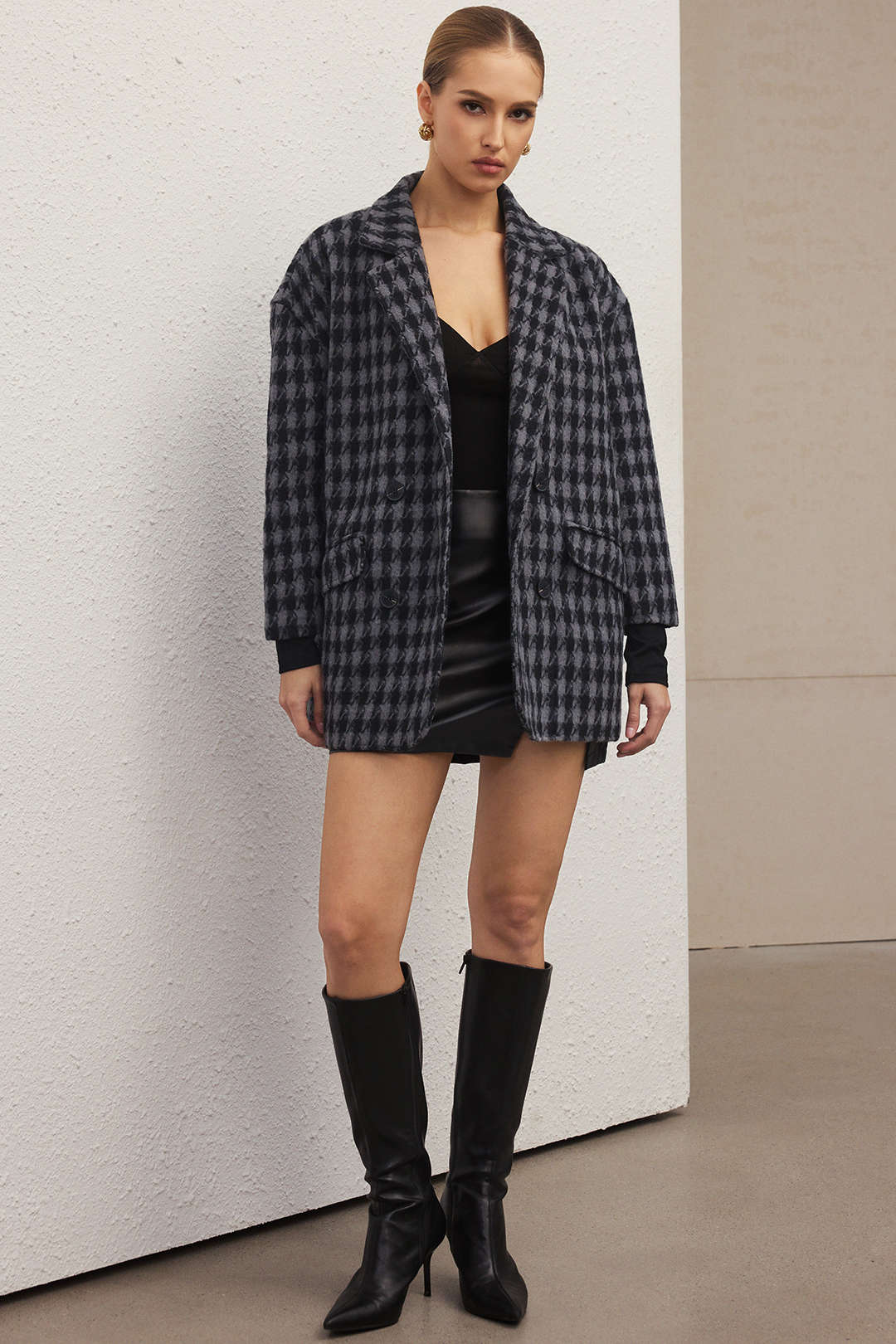 Hortense gray oversized check jacket, full-length view