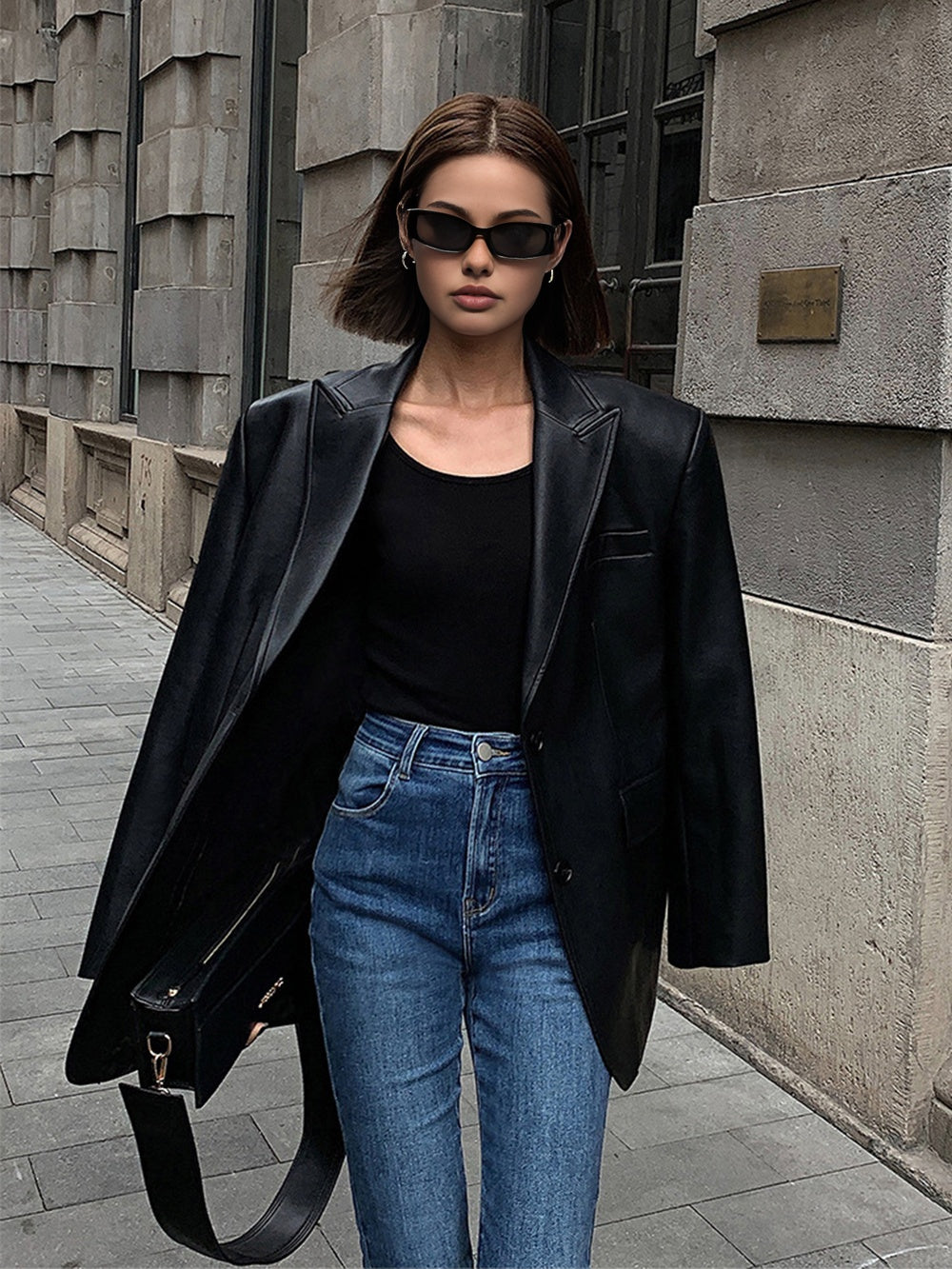 Huguette Black oversized peak lapel blazer, three-quarter front view