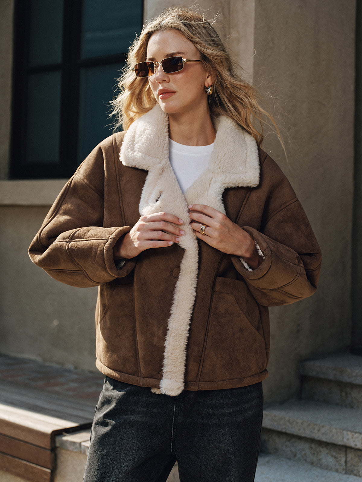 Irma Brown jacket with cream shearling-effect trim, front view