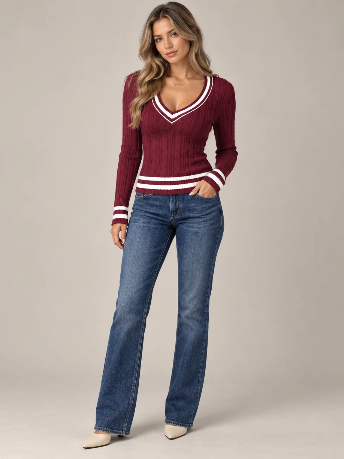 Isabelle burgundy contrast-tipped cable knit V-neck sweater, full-length view