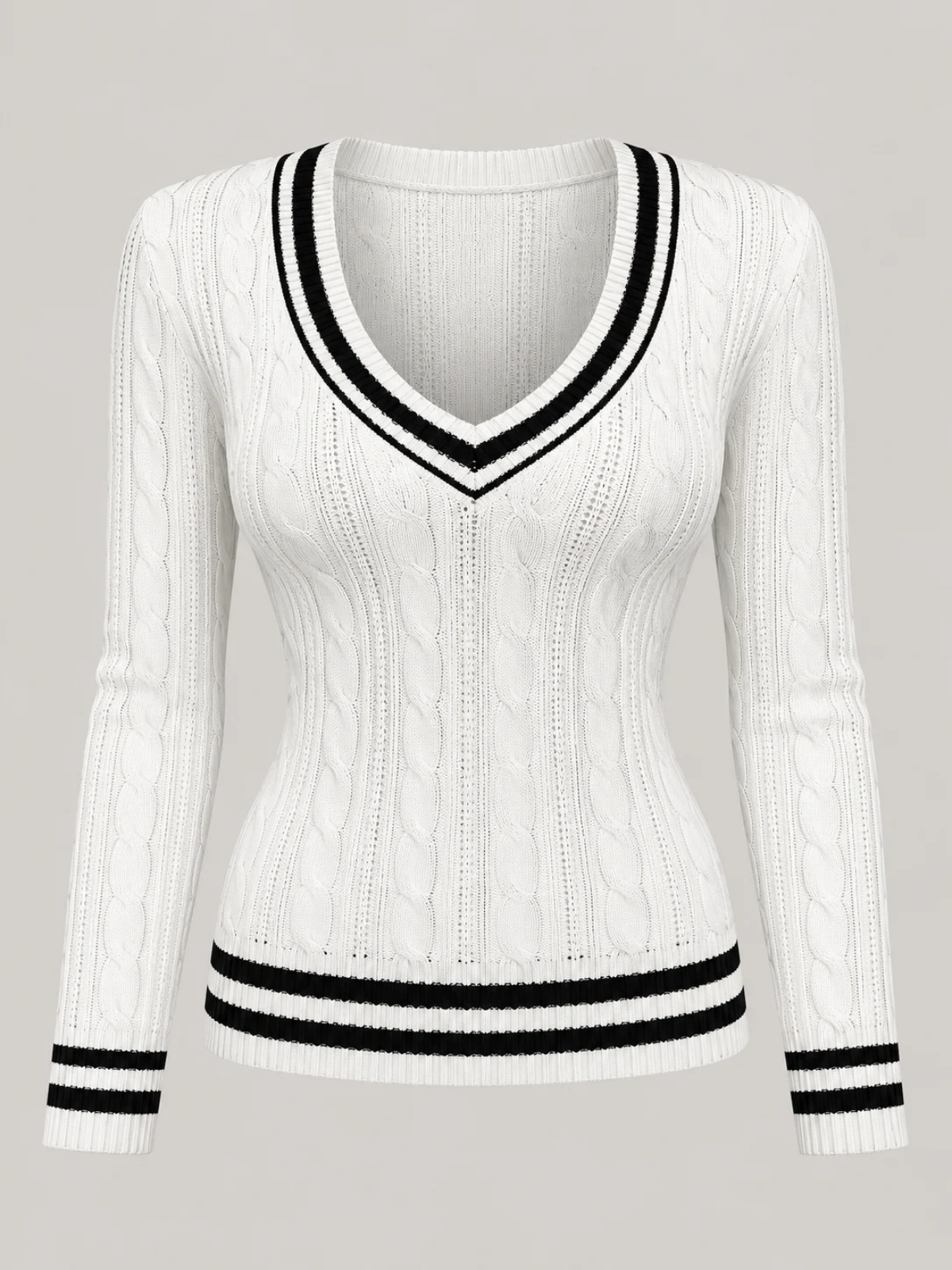 Isabelle white cable knit sweater shown flat, front