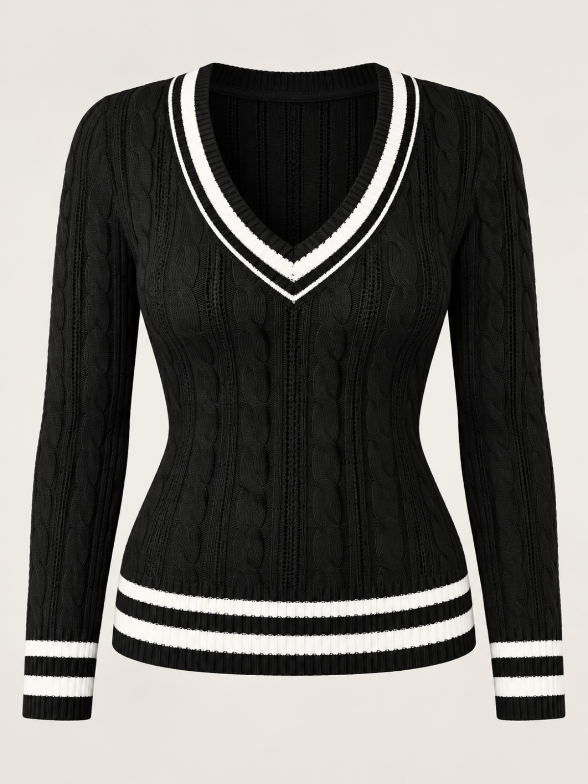 Isabelle black cable knit sweater shown flat, front