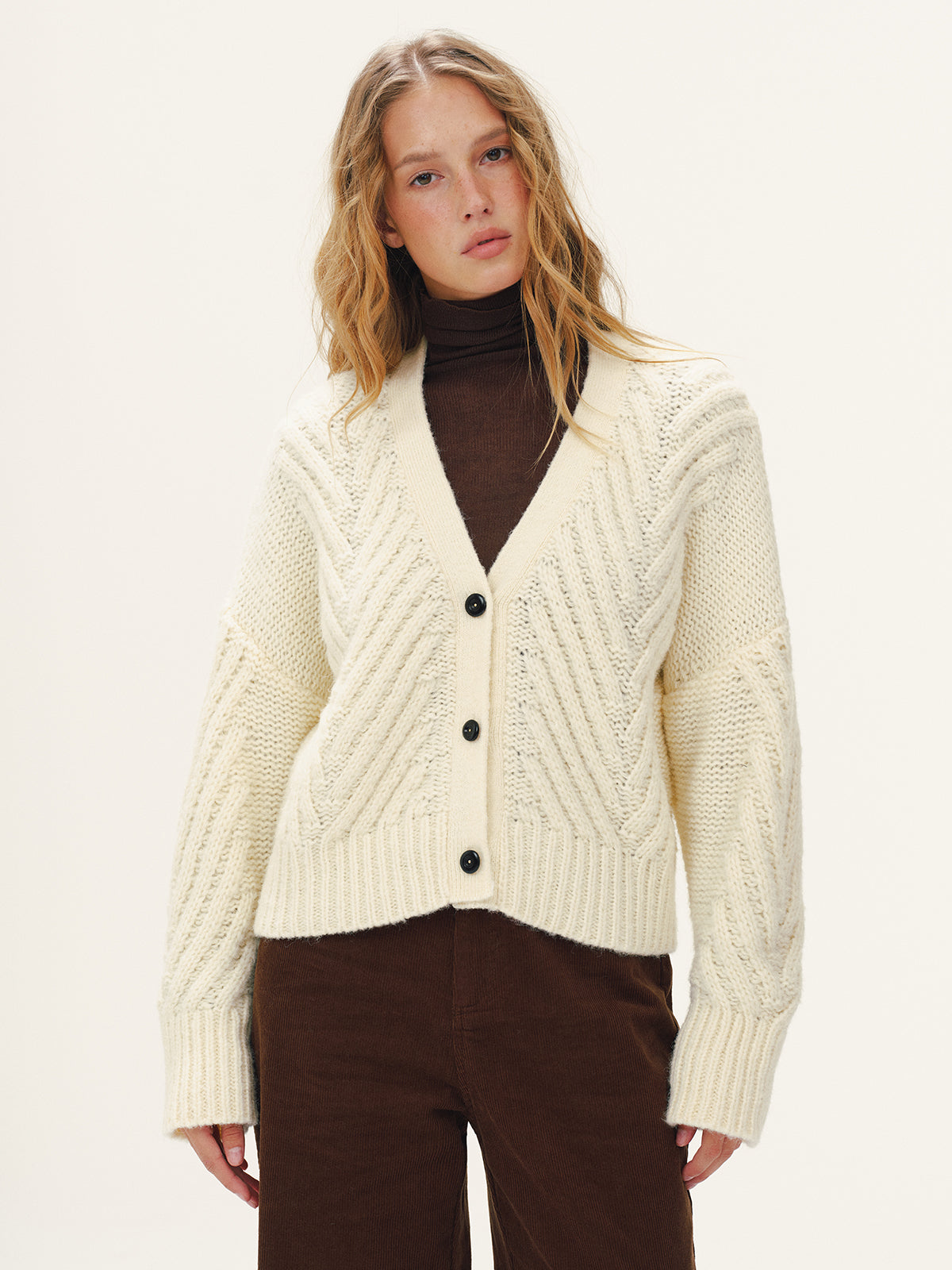 Isaure cream chevron chunky knit cardigan, front view