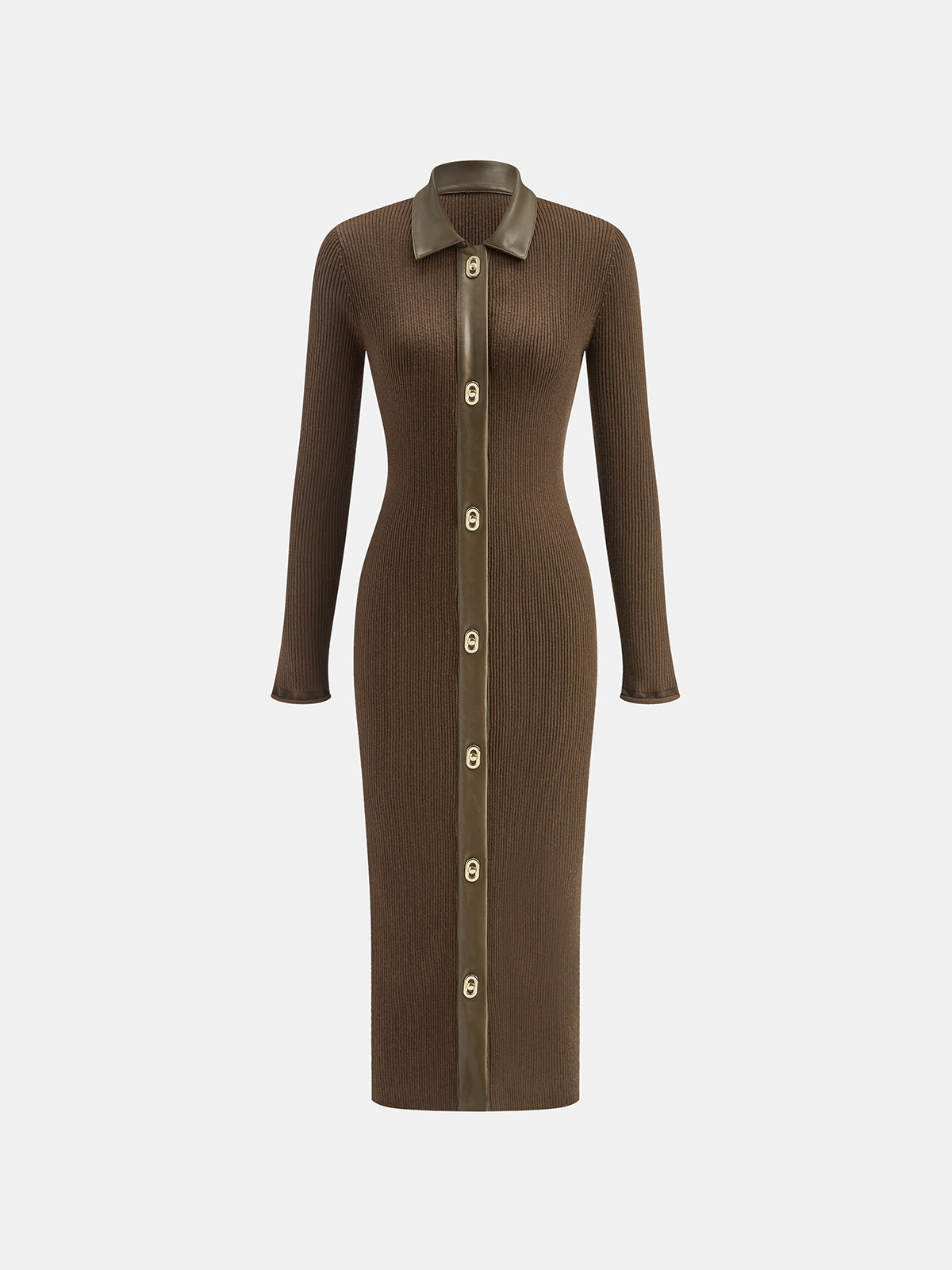Janine coffee collared ribbed midi dress, front view
