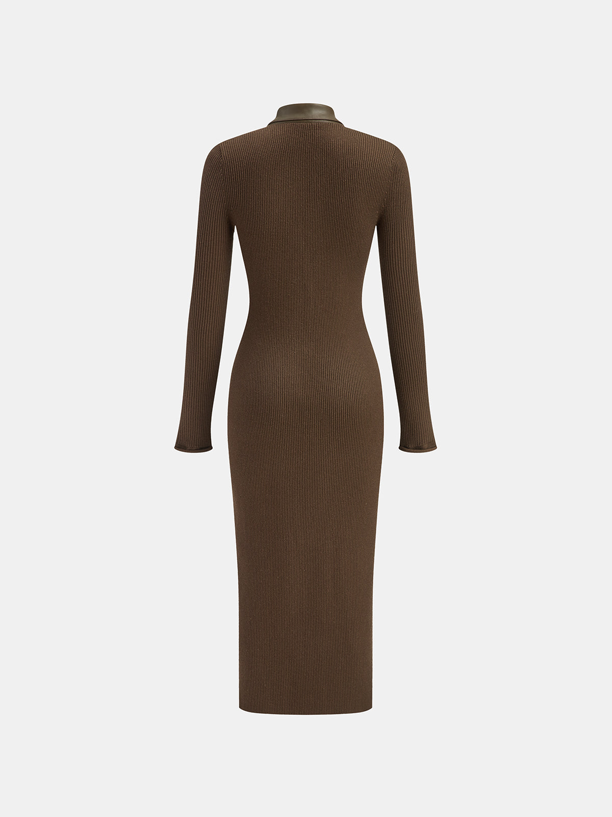 Janine coffee collared ribbed midi dress, back view
