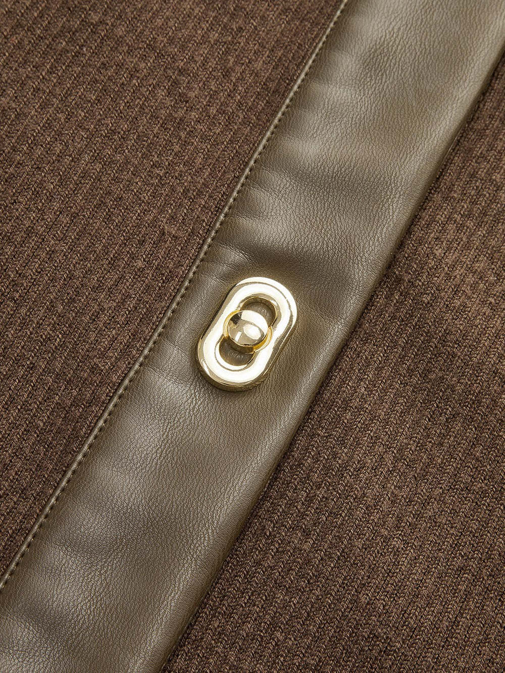 Janine coffee collared ribbed midi dress, close-up of the olive placket and gold button