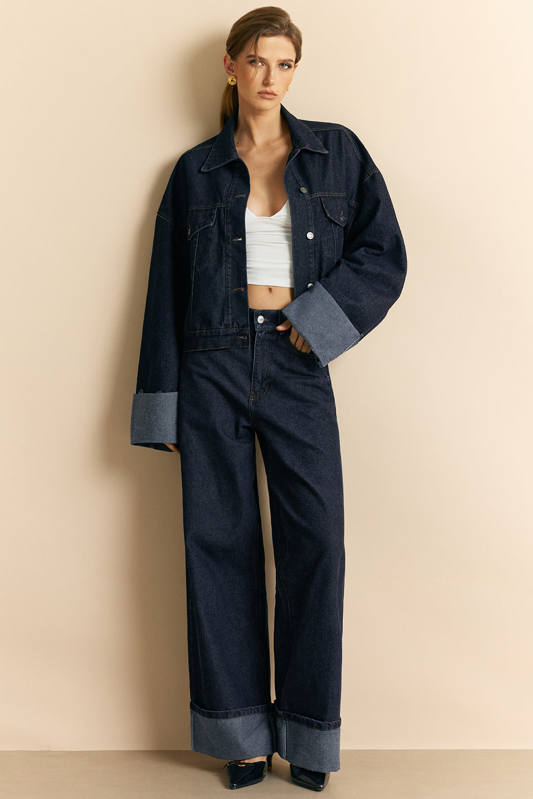 Jeanne blue oversized denim jacket, full-length view